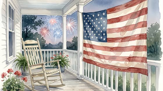 Patriotic porch with an American flag and fireworks
