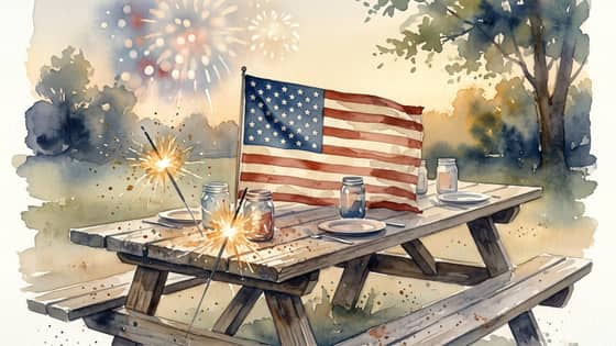 Fourth of July picnic with an American flag and fireworks
