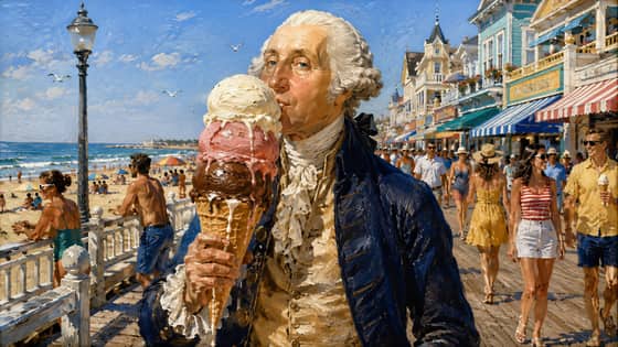 George Washington enjoying an ice cream on a summer boardwalk