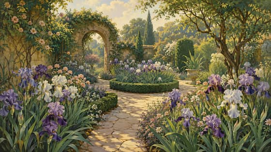 Lush iris garden and stone archway