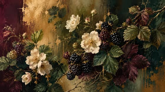 Moody blackberry blossom still life