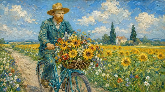 Vincent van Gogh cycling through a spring sunflower field