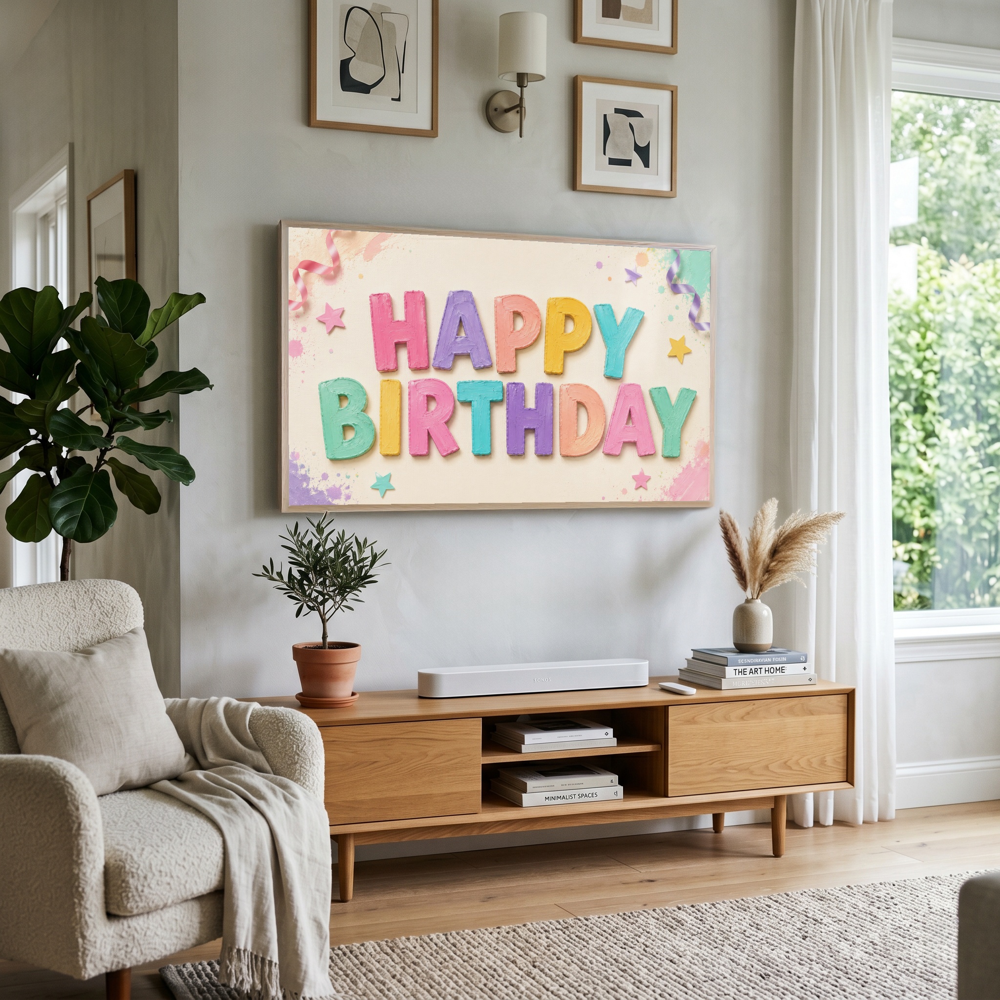 Colourful television artwork illustrating a custom celebration commission