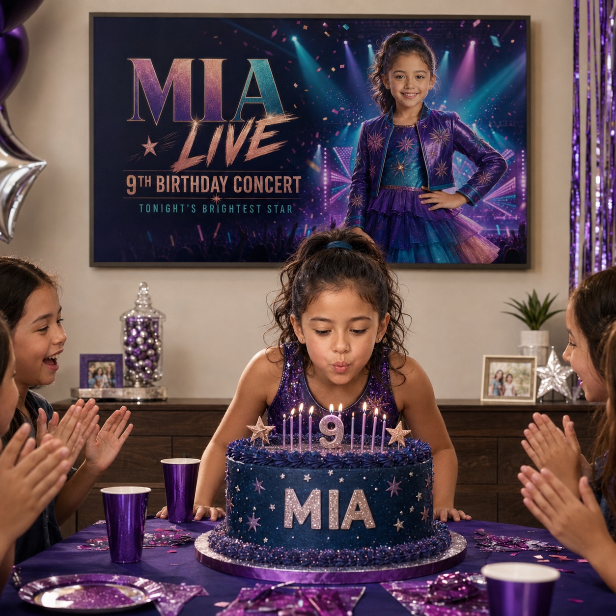 A child celebrating a birthday in front of her personalised Pride & Pixel Frame TV artwork