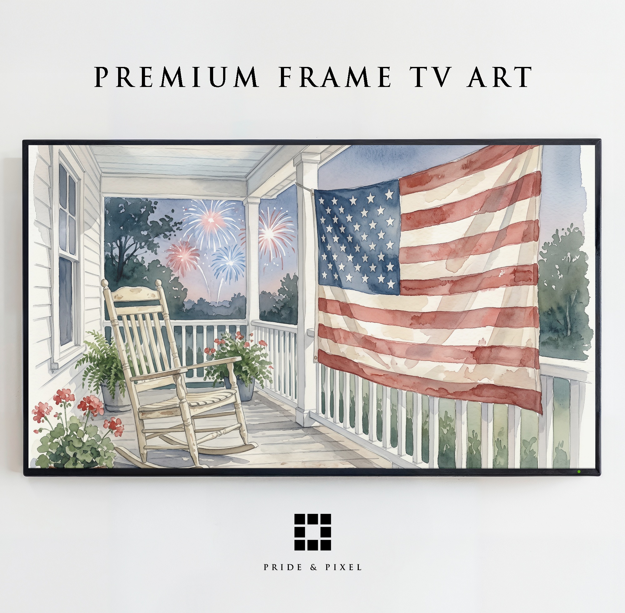 Peaceful porch with an American flag and fireworks beyond