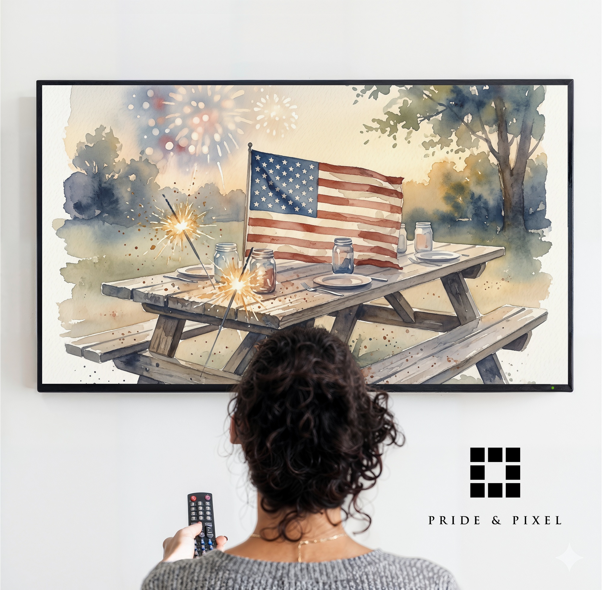 Fourth of July picnic table with an American flag and fireworks