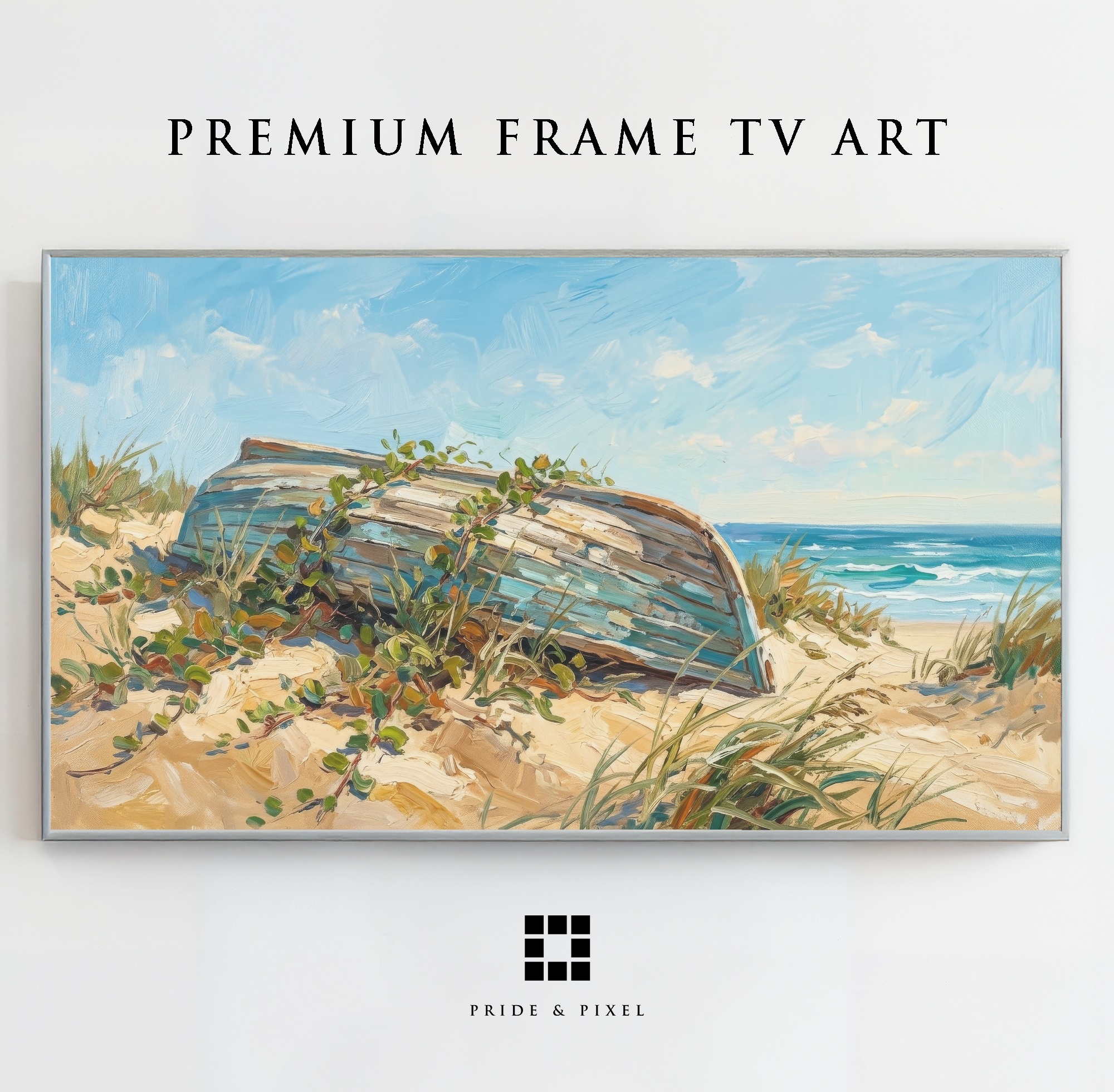 Weathered Boat Beach Art – Coastal Impasto Oil Painting