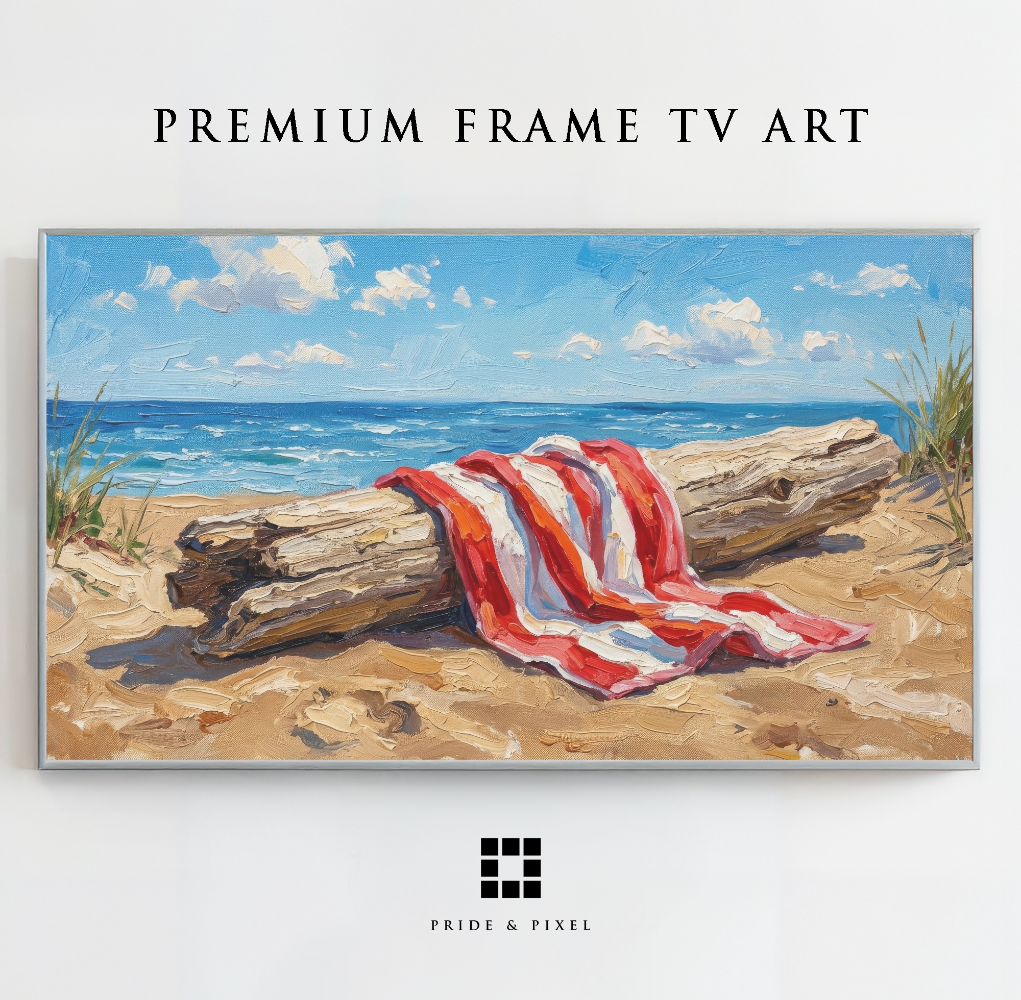 Samsung Frame TV - Coastal Driftwood Art: Vibrant Impasto Beach Scene with Striped Towel