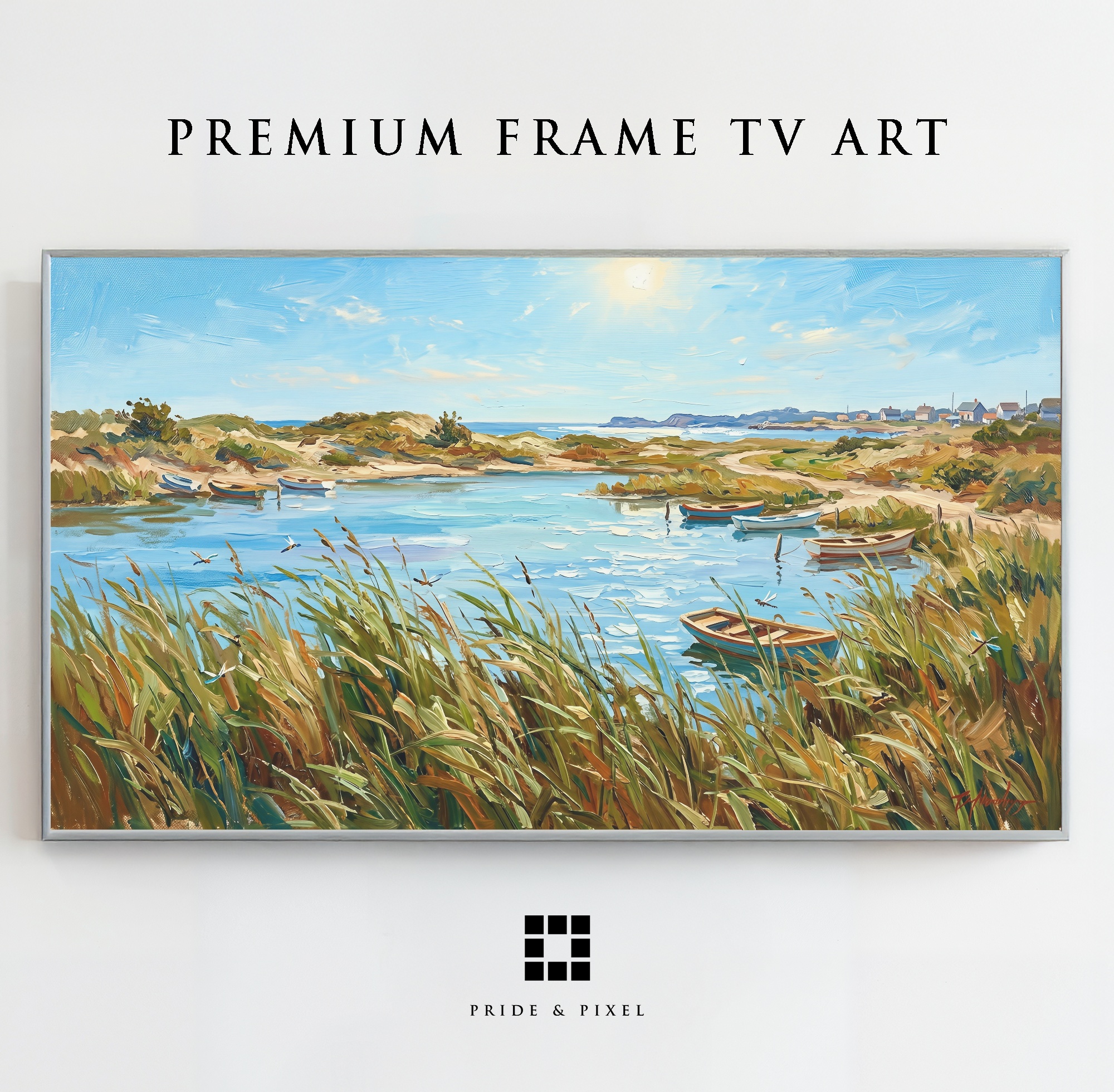 Samsung Frame TV - Coastal Boats Art: Sunny Dunes & Tall Grass Impression