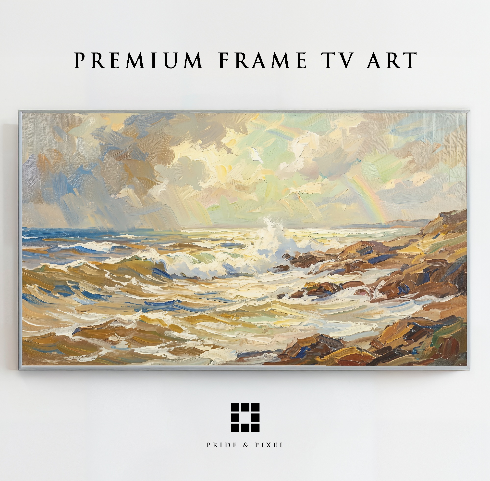 Samsung Frame TV - Coastal Waves Art: Rocky Shore, Rainbow Sky, Impressionist Brushwork
