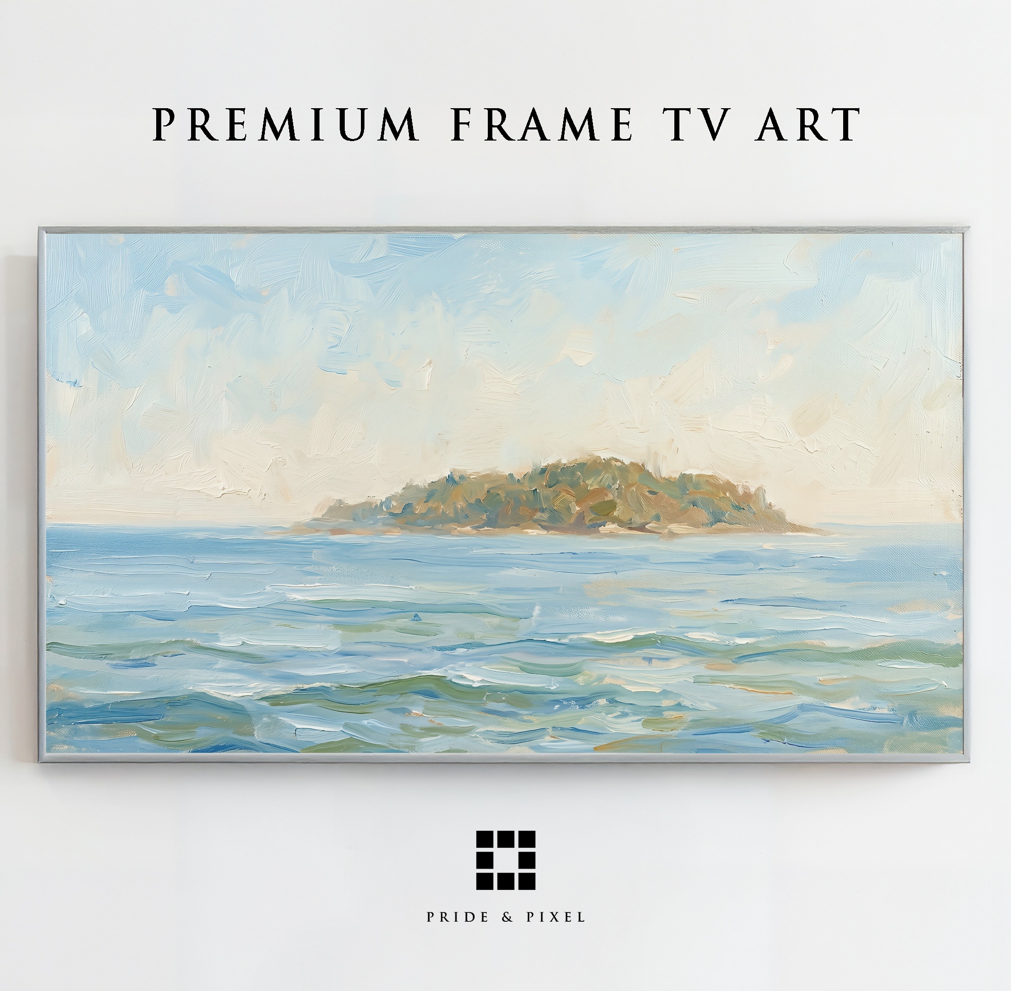 Samsung Frame TV - Island Seascape Art: Serene Coastal View with Brushstrokes