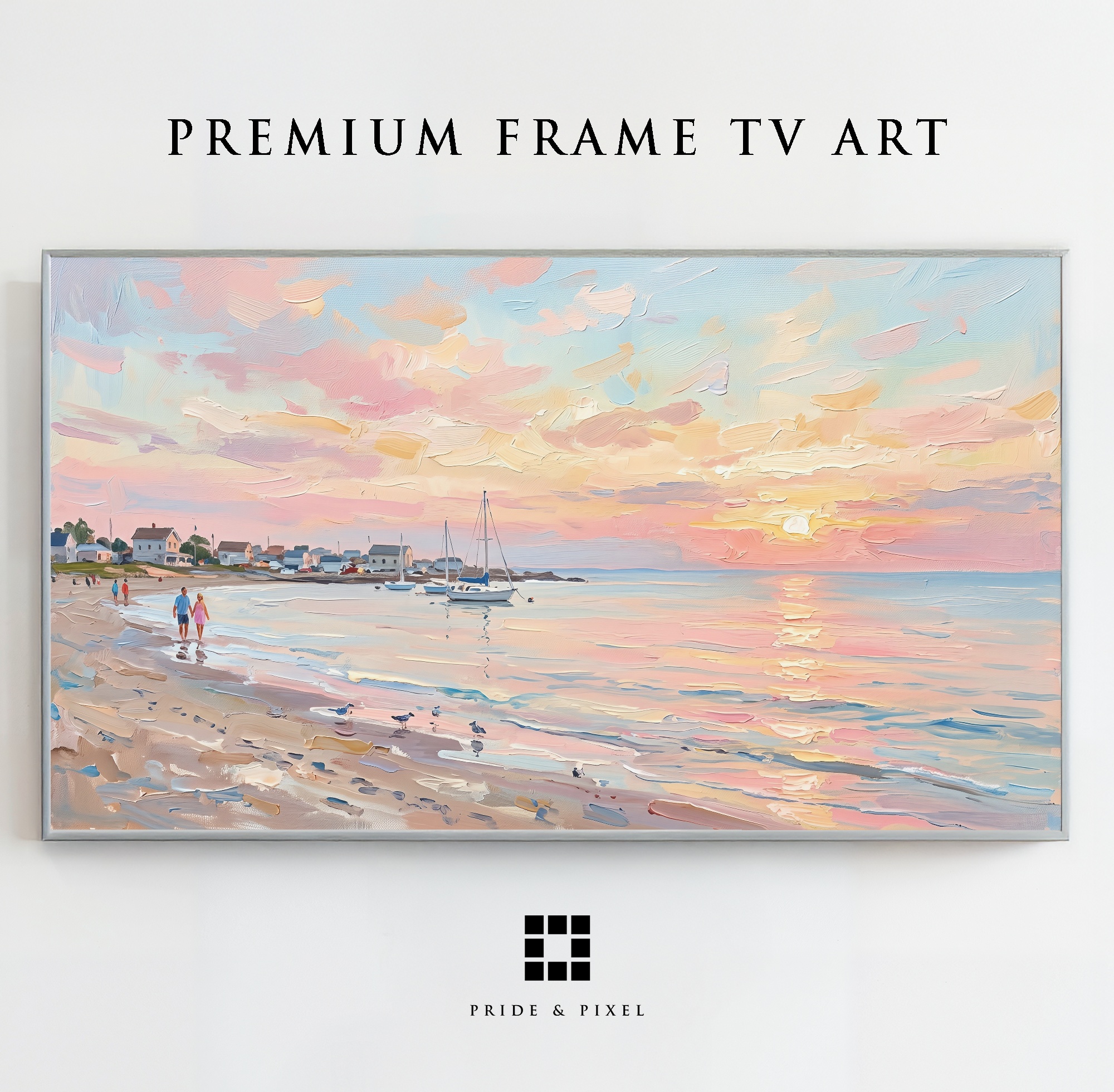 Samsung Frame TV - Coastal Sunset Beach Art: Pastel Hues & Impasto Texture
