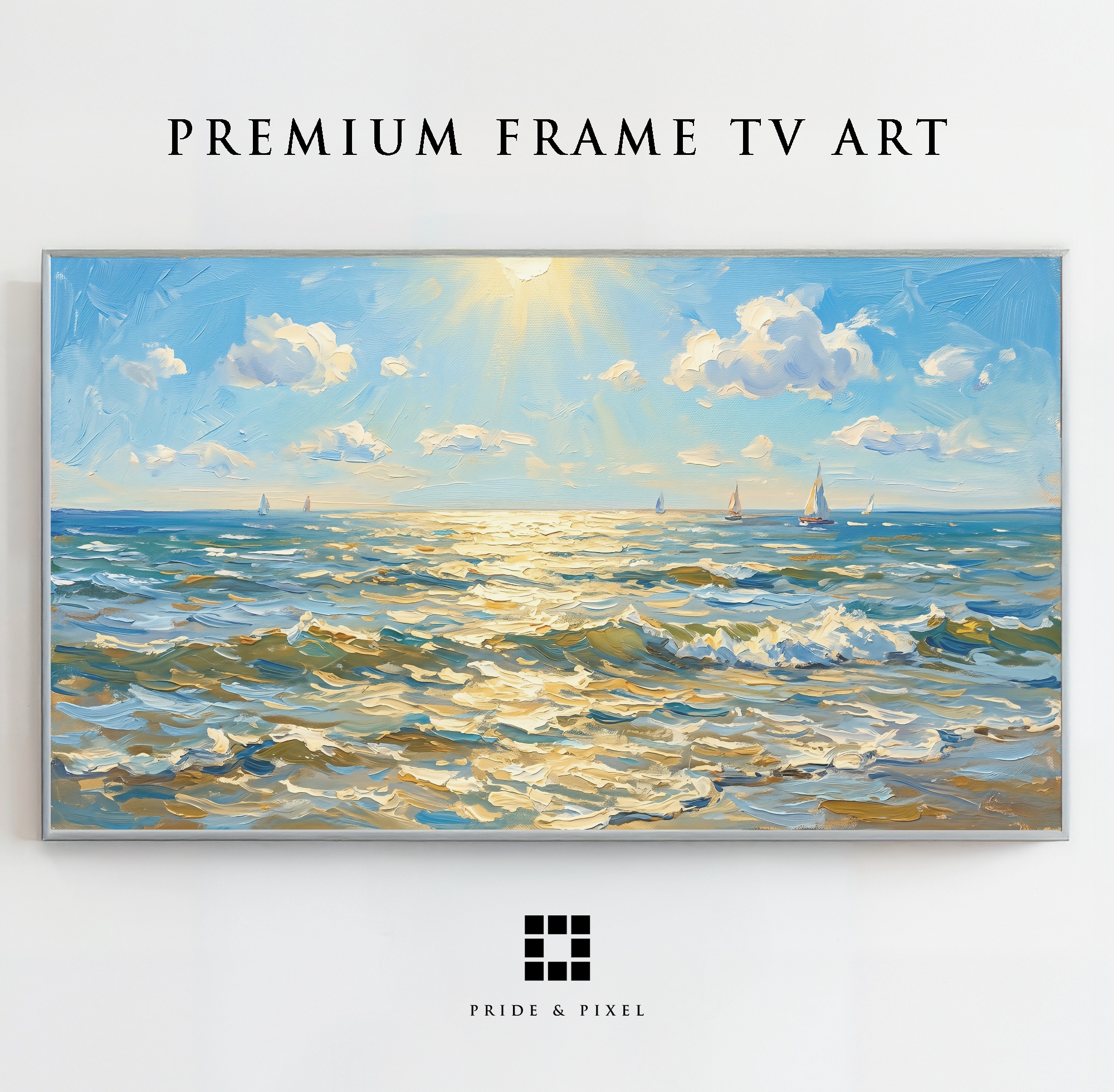 Samsung Frame TV - Ocean Waves Art: Bright Sun, Sailboats, Textured Impasto