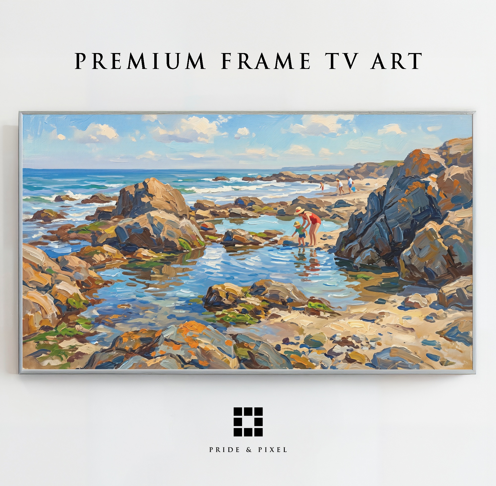 Samsung Frame TV - Coastal Tide Pools Art: Vibrant Rocky Shore with Family Exploring