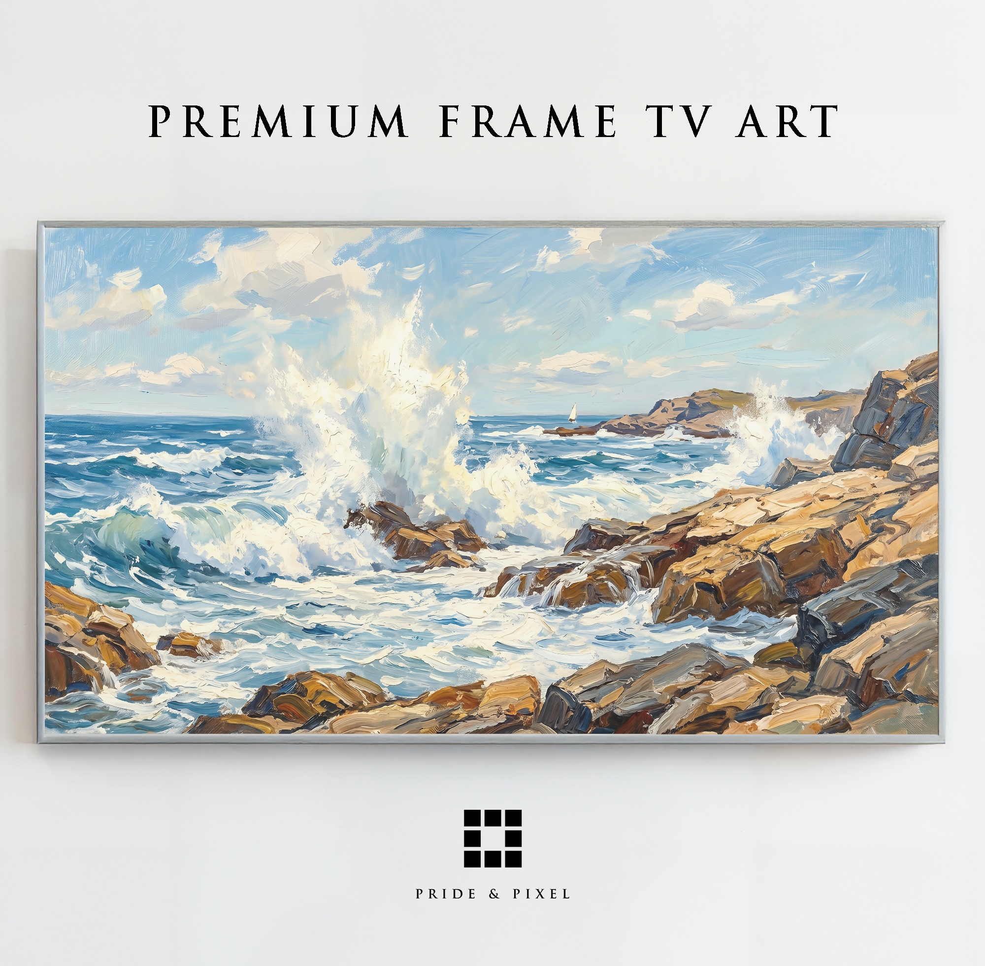 Samsung Frame TV - Coastal Waves Art: Dynamic Rocky Shore Seascape with Sailboat