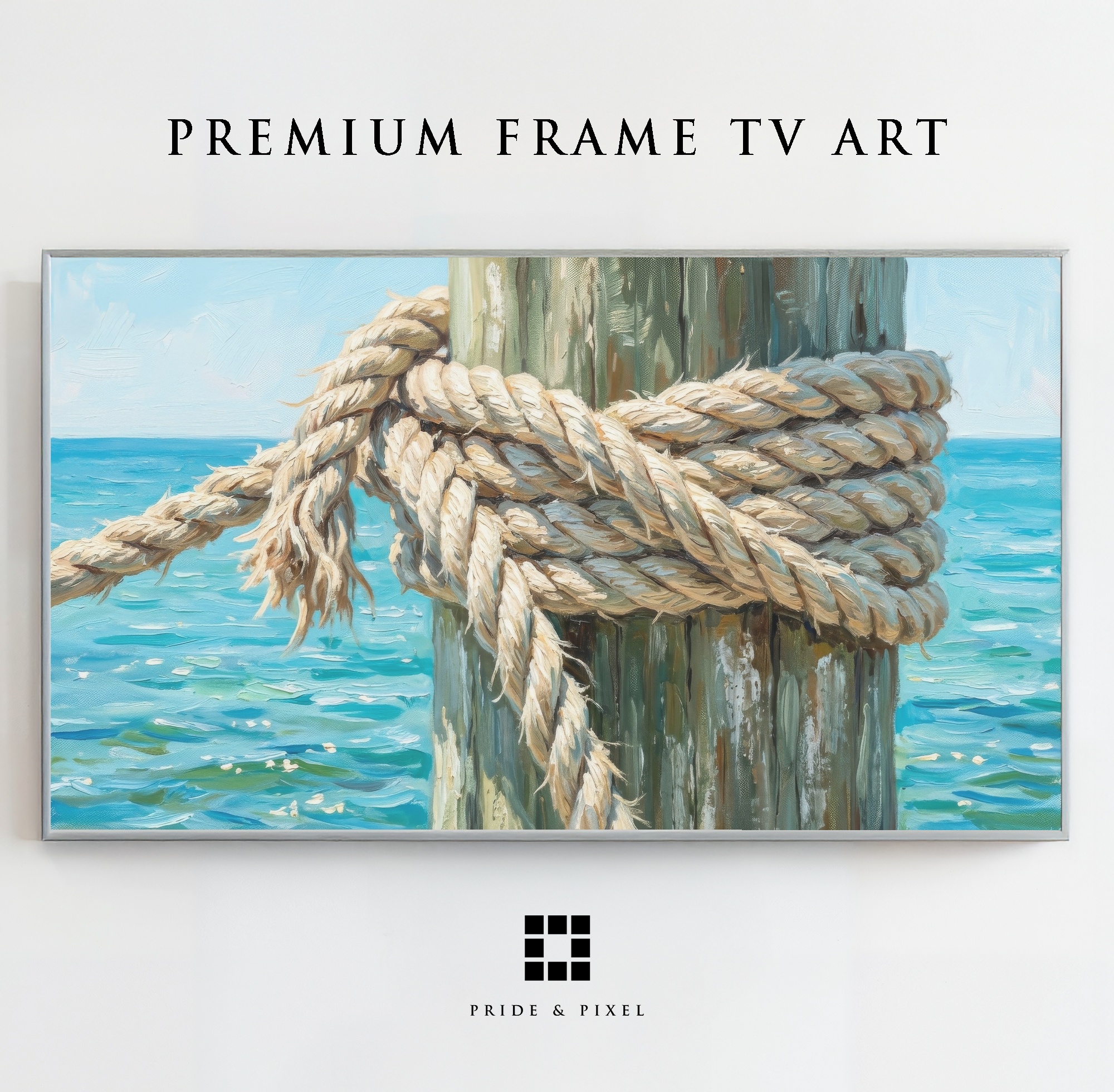 Samsung Frame TV - Nautical Rope Art: Sunlit Dock Post & Turquoise Water
