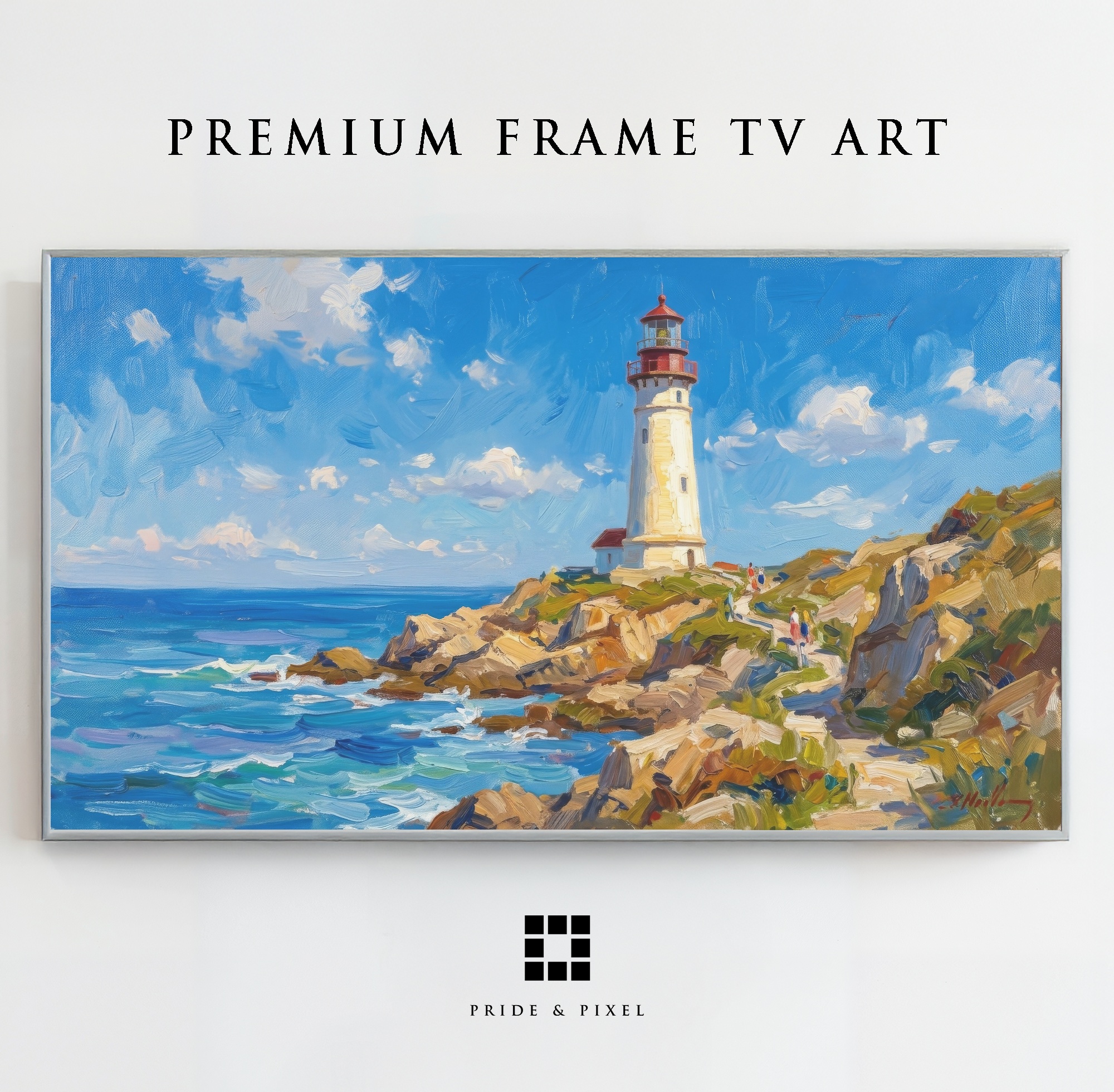 Samsung Frame TV - Lighthouse Art: Vibrant Coastal Scene with Rocky Shore