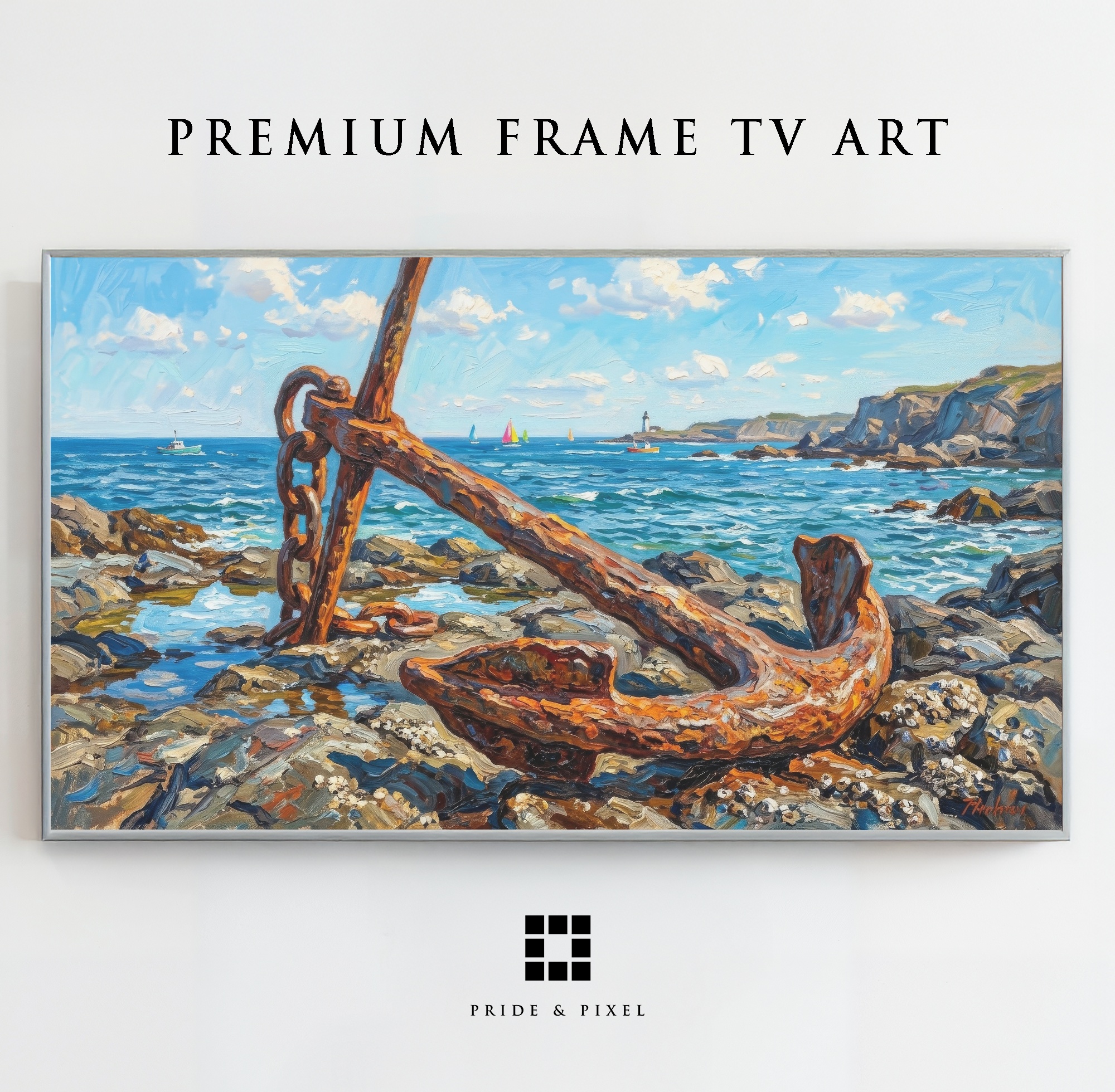 Samsung Frame TV - Rusty Anchor Seascape Art: Vibrant Impasto Coastal View with Lighthouse