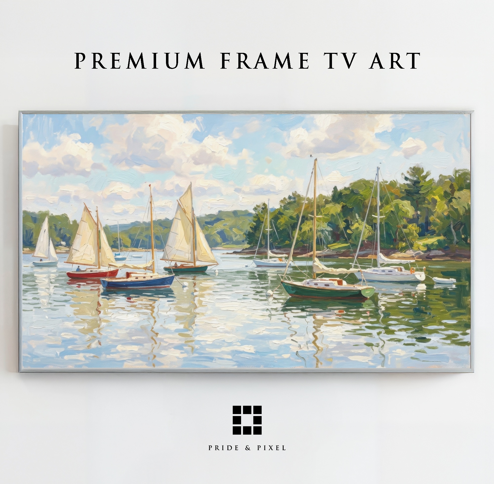 Samsung Frame TV - Sailboats Harbor Art: Calm Water Reflections, Summer Day