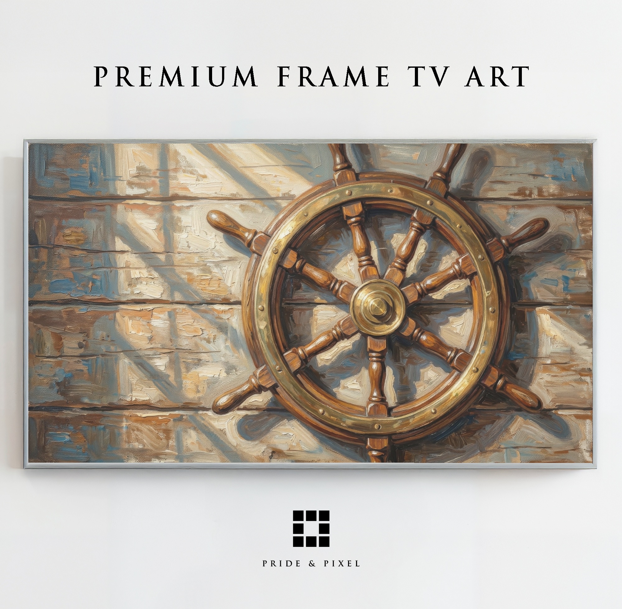Samsung Frame TV - Ship's Wheel Art: Vintage Brass & Weathered Wood