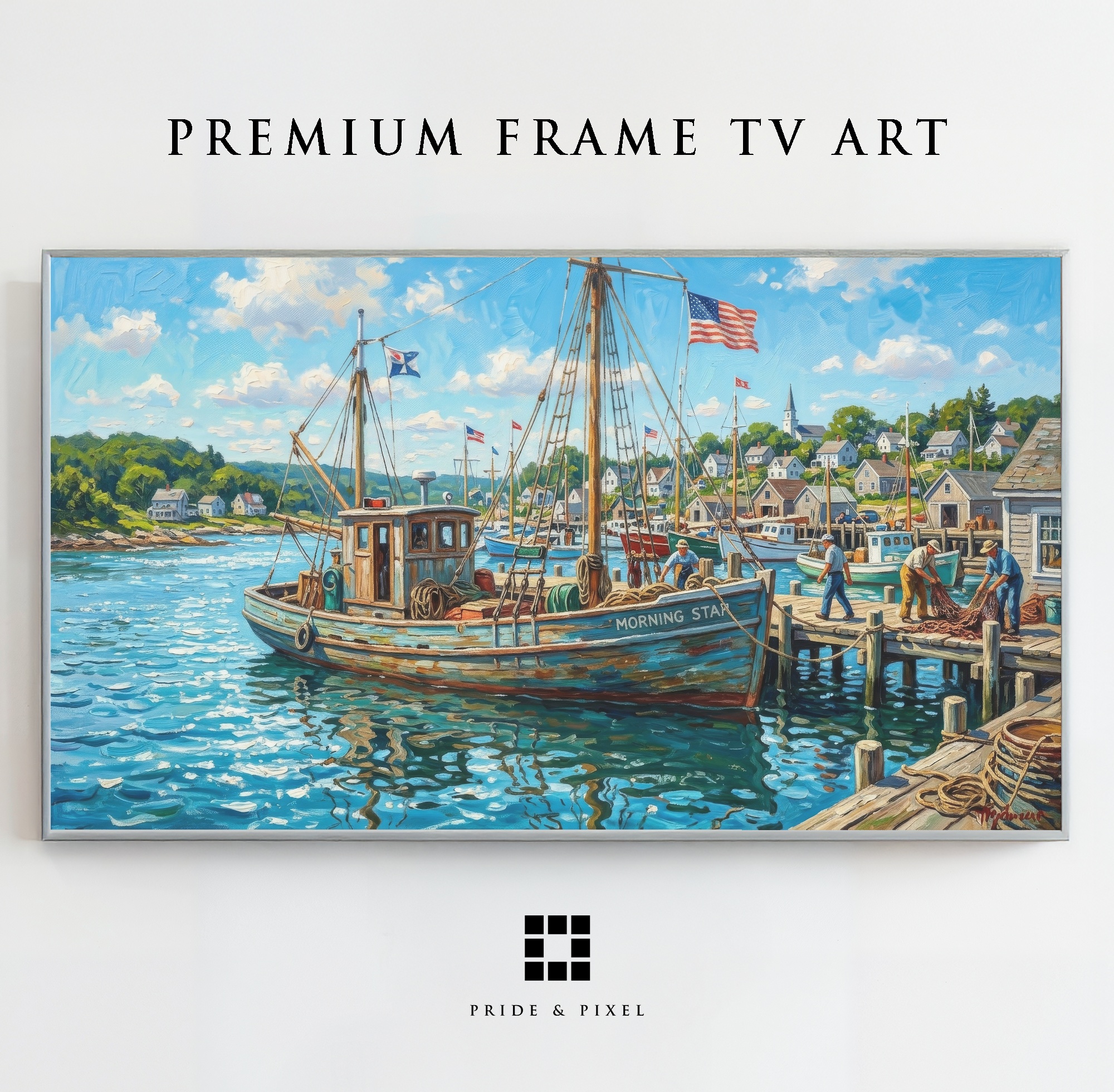 Samsung Frame TV - Fishing Boat Harbor Art: Vibrant Coastal Village with American Flag