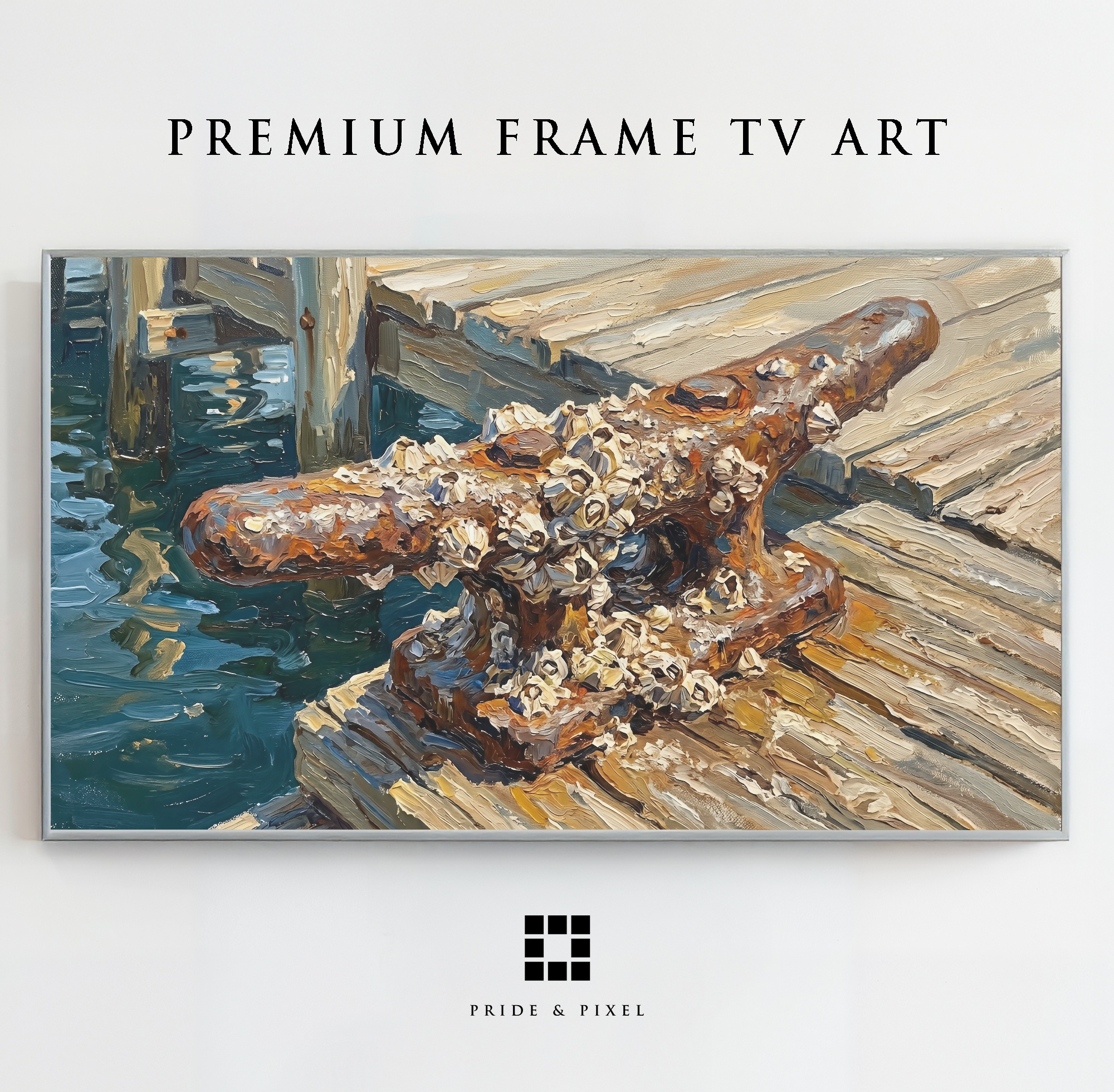 Samsung Frame TV - Barnacle Cleat Art: Rustic Dockside Texture with Impasto Brushwork