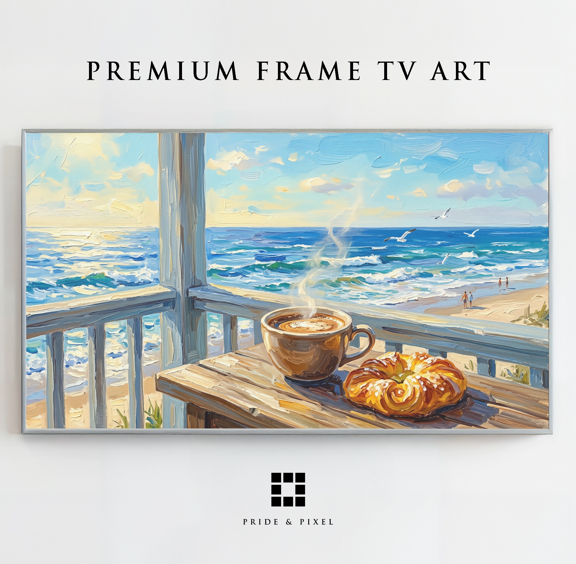 Samsung Frame TV - Coastal Morning Coffee Art: Steaming, Ocean Waves Art