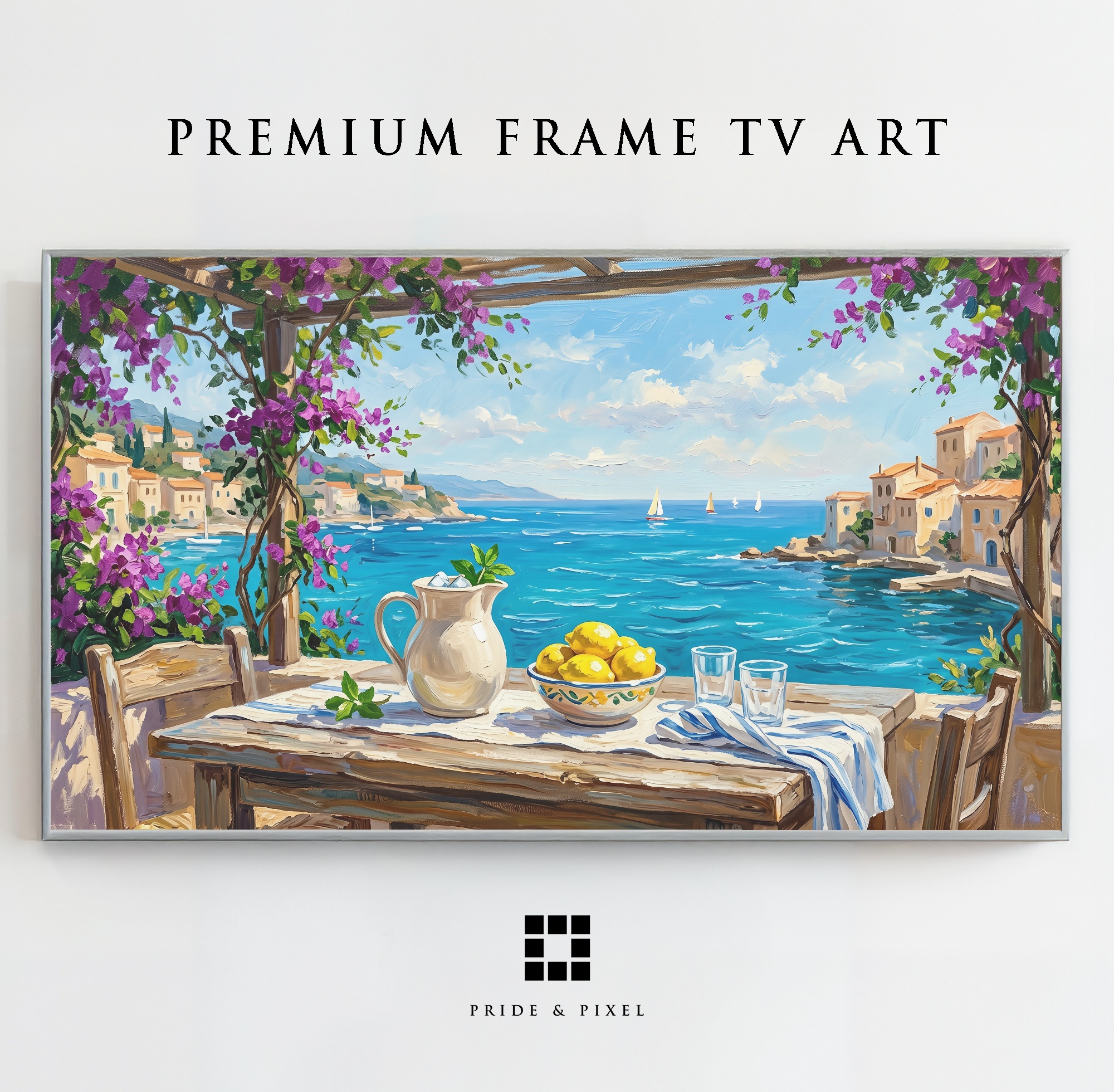 Samsung Frame TV - Mediterranean Vista Art: Vibrant Bougainvillea, Lemons & Turquoise Sea