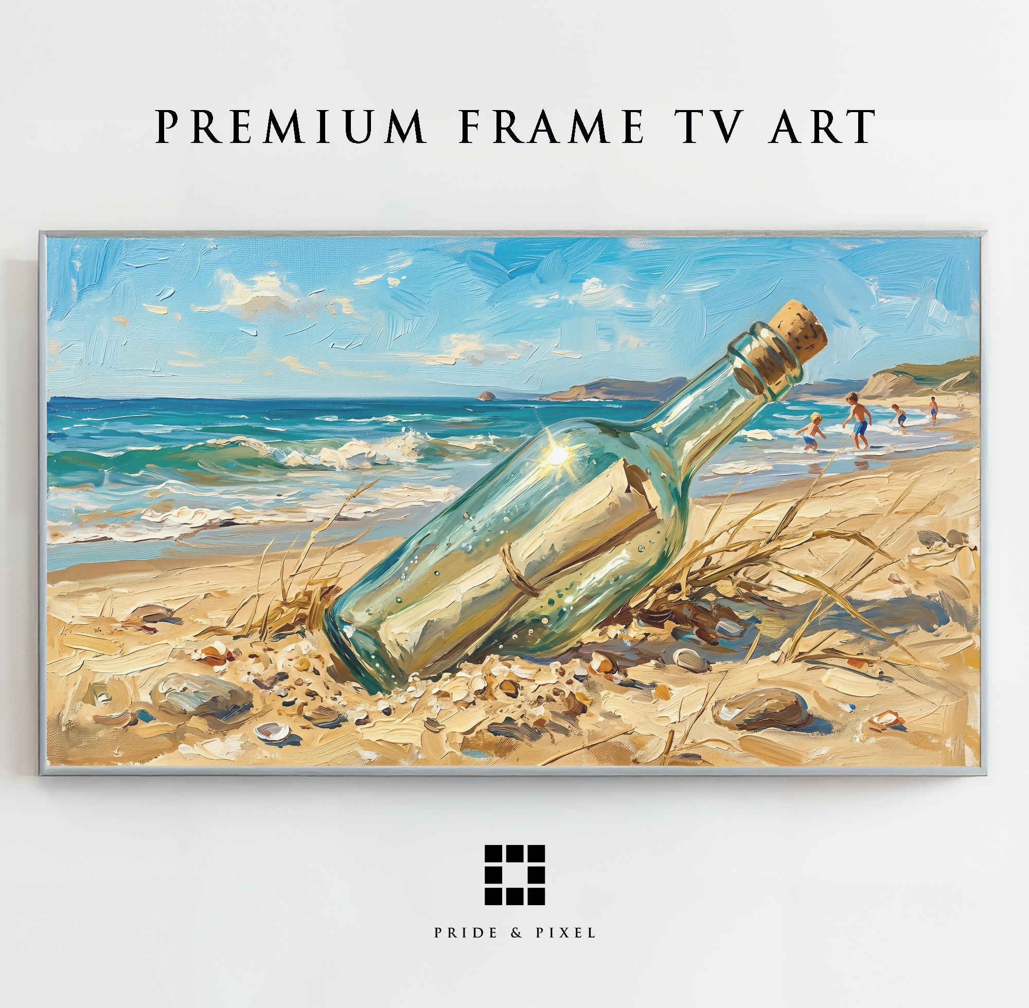 Samsung Frame TV - Message in a Bottle Art: Sun-drenched Beach with Impasto Waves