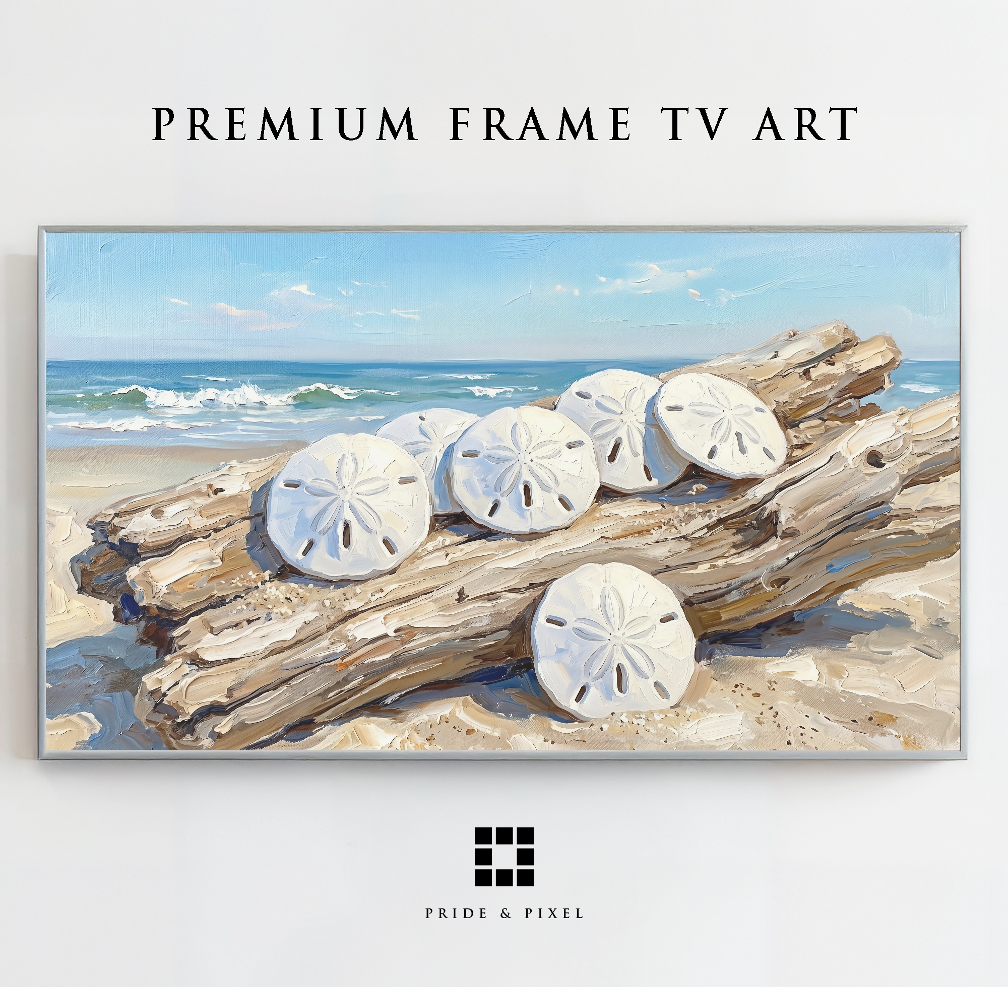 Samsung Frame TV - Sand Dollar Art: Coastal Driftwood & Ocean Waves