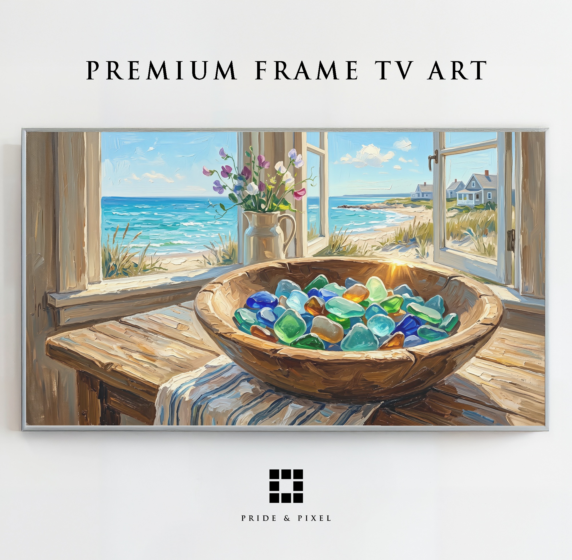 Samsung Frame TV - Coastal Window View Art: Sunny Beach & Vibrant Sea Glass Bowl