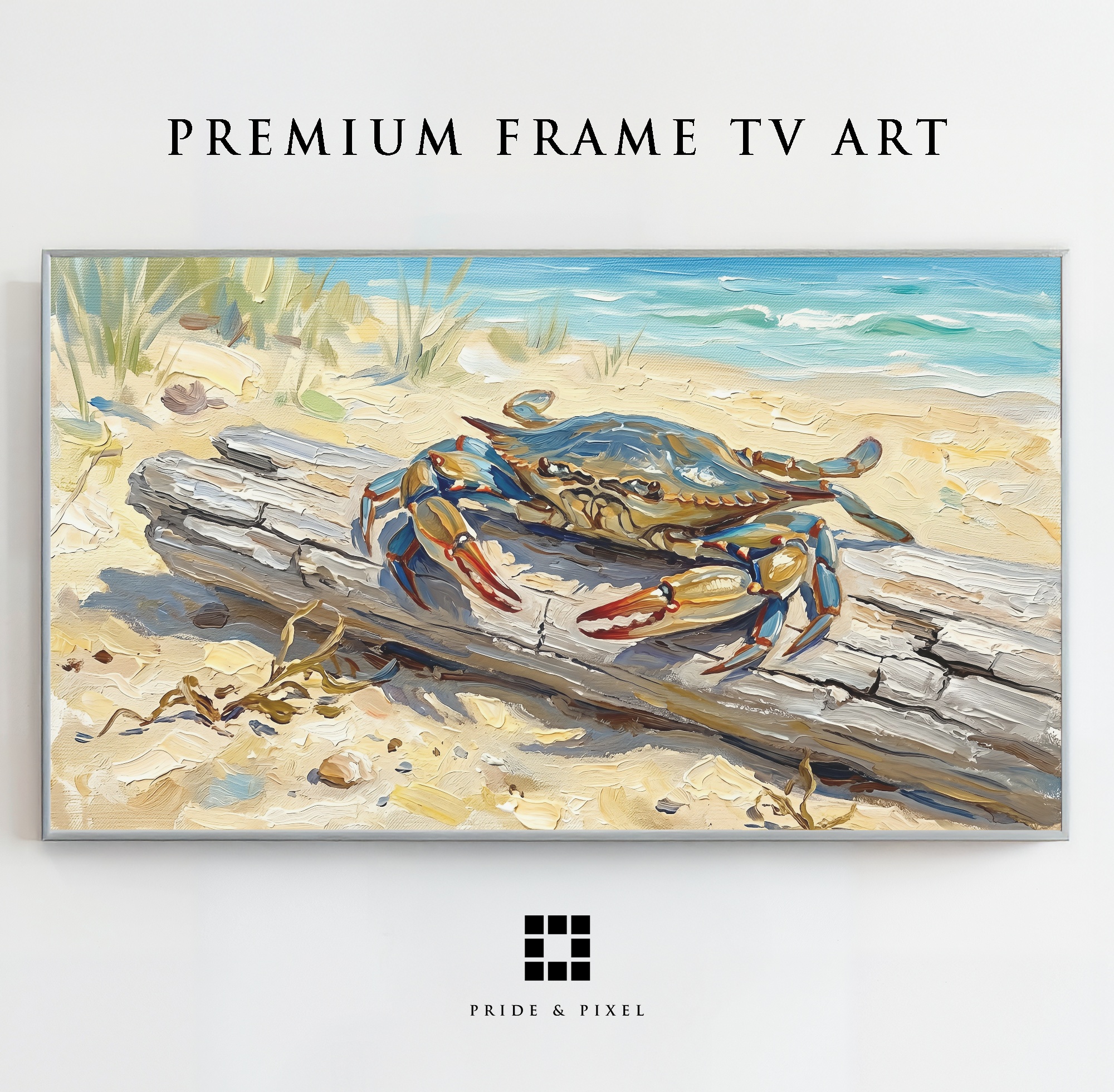 Samsung Frame TV - Blue Crab Art: Vibrant Coastal Oil Painting on Driftwood