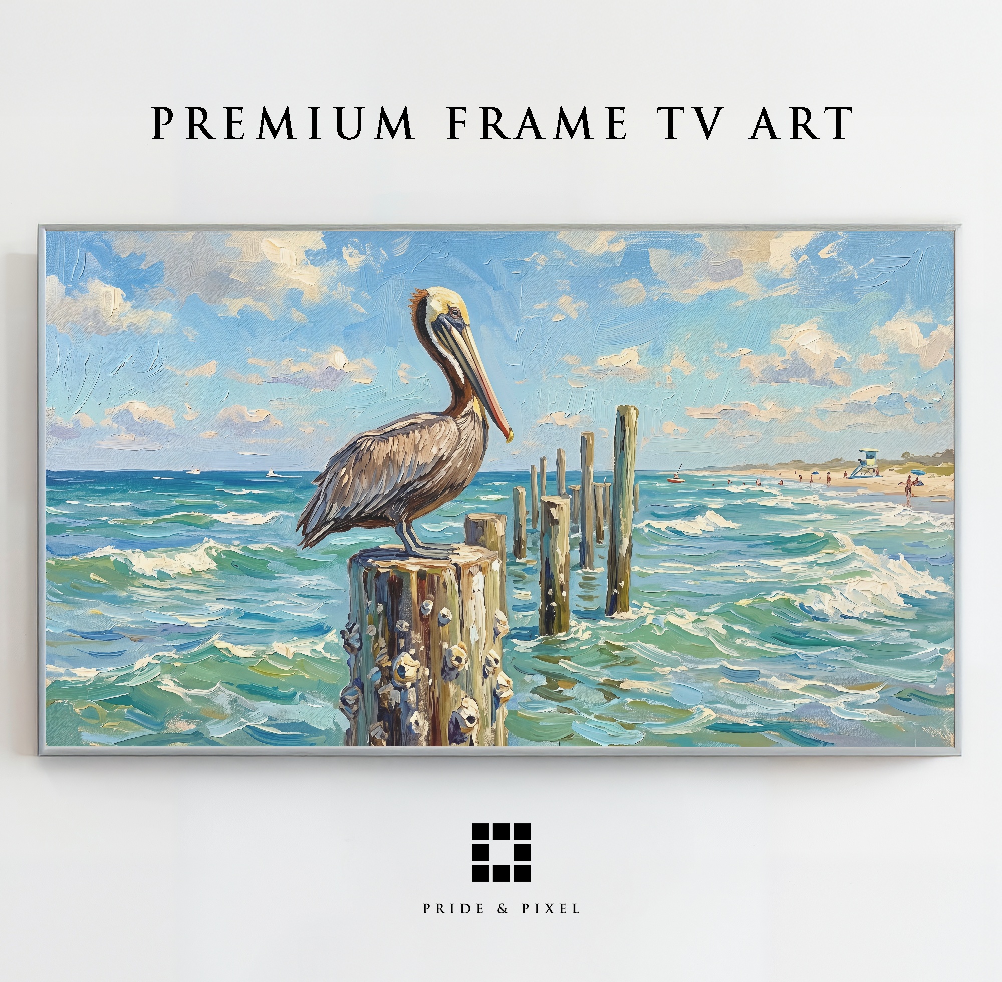 Samsung Frame TV - Pelican Art: Textured Coastal Seascape with Pier and Beach