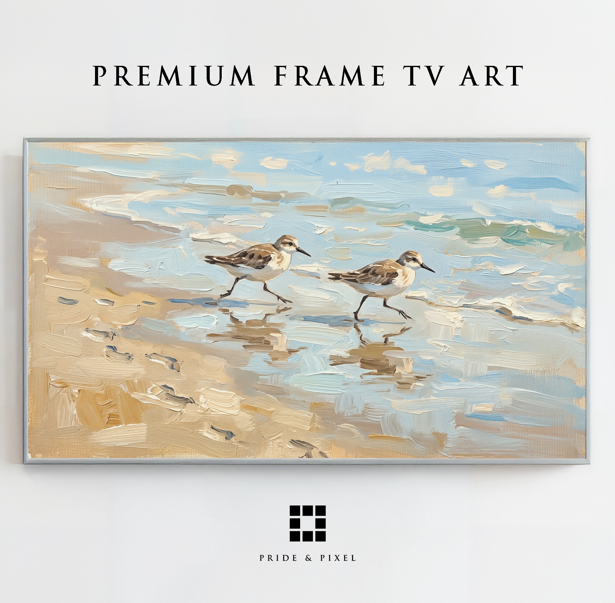 Samsung Frame TV - Shorebirds Art: Impressionistic Beach Walk with Gentle Waves