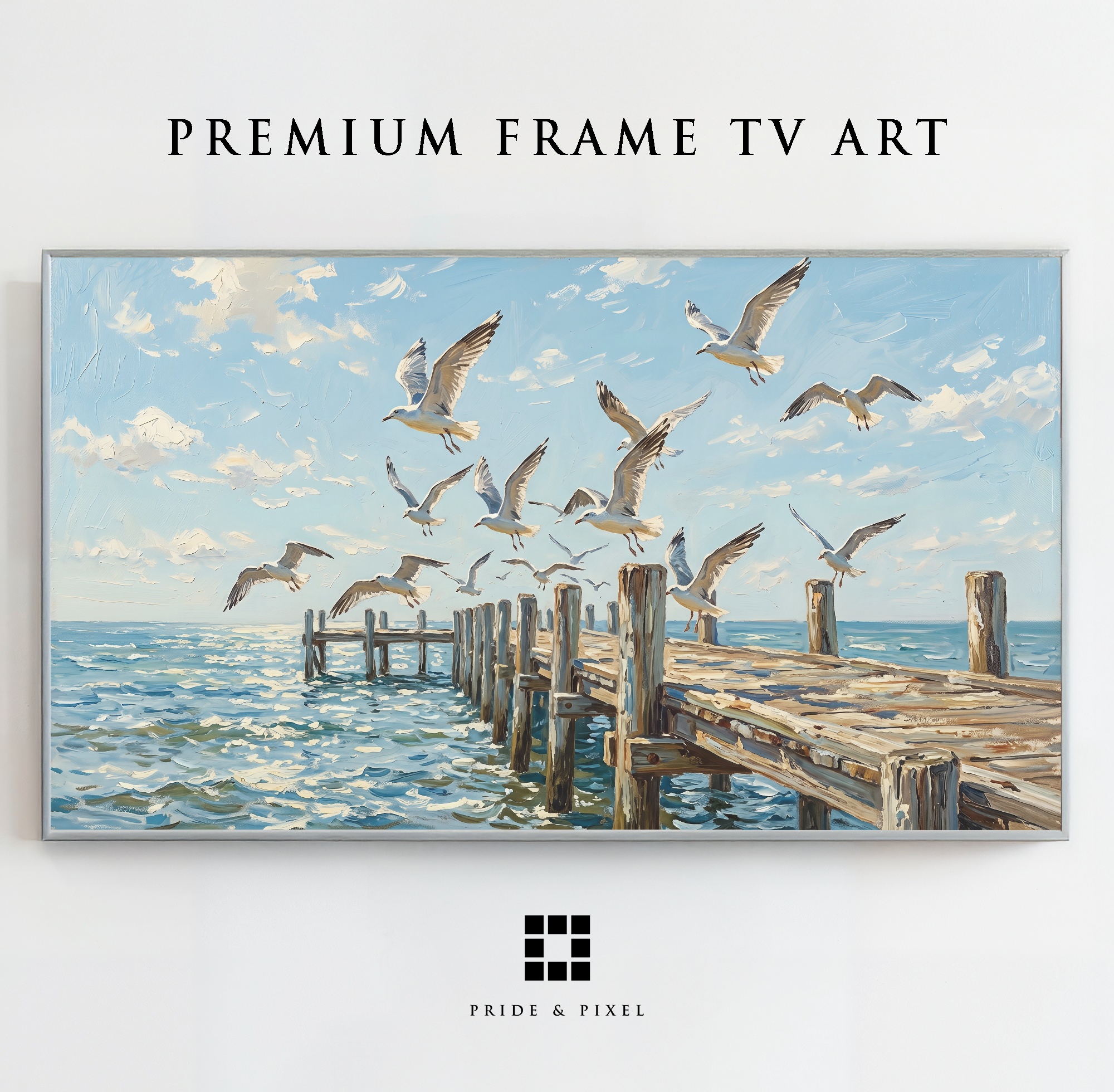 Samsung Frame TV - Seagulls Pier Art: Coastal Serenity with Flying Birds