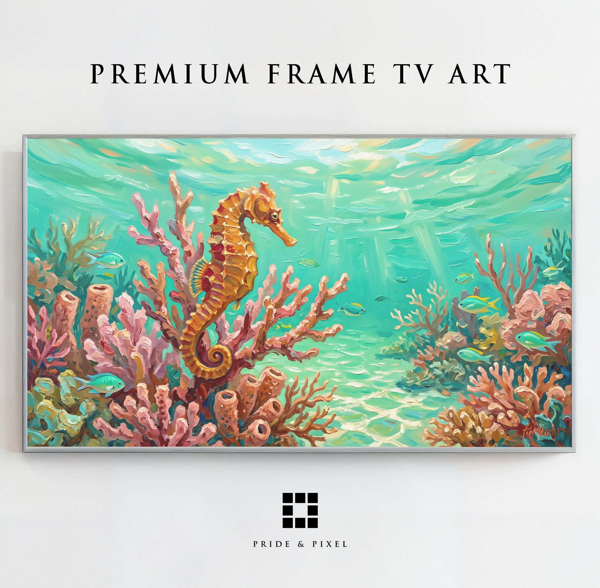Samsung Frame TV - Seahorse Coral Reef Art: Vibrant Sunlit Underwater Scene with Tropical Fish