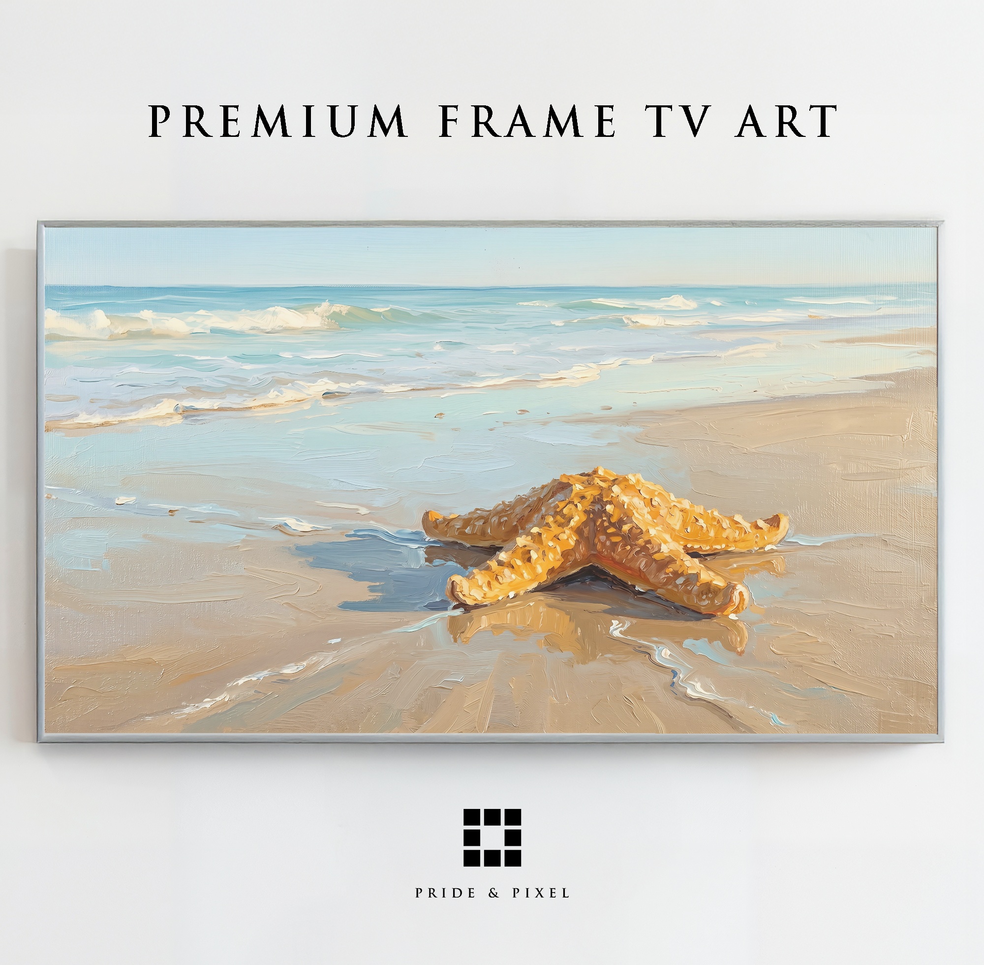 Samsung Frame TV - Starfish Art: Sandy Beach, Gentle Waves, Coastal Serenity
