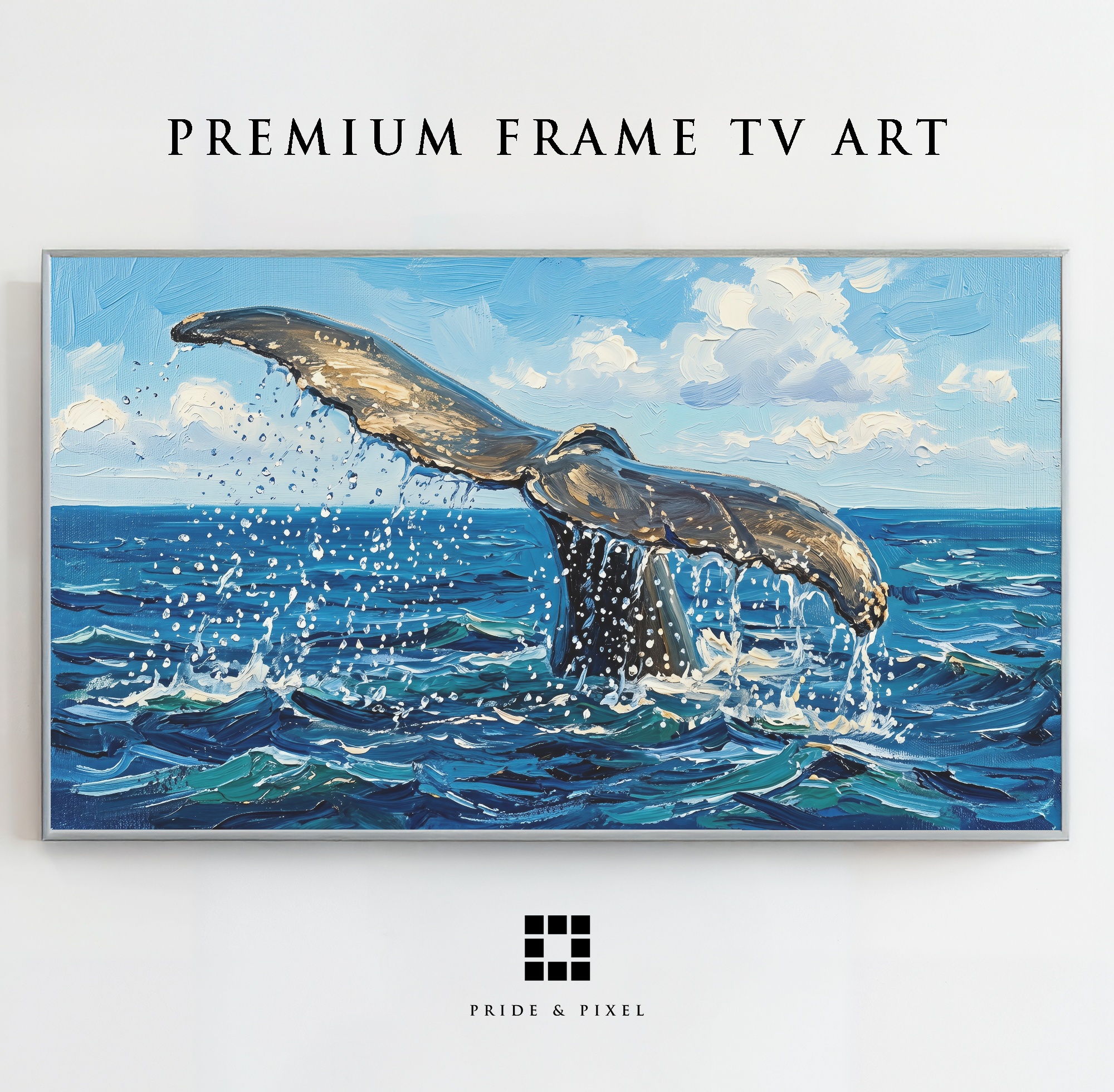 Samsung Frame TV - Whale Tail Art: Dynamic Ocean Splash with Impasto Texture