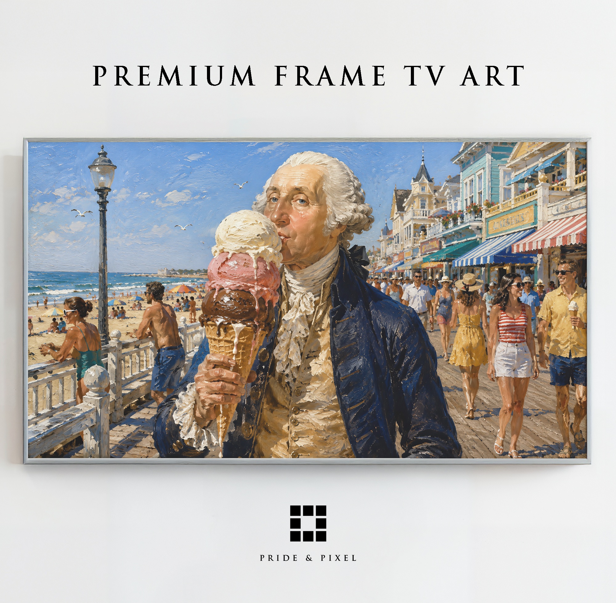 George Washington holding an oversized ice cream on a summer boardwalk