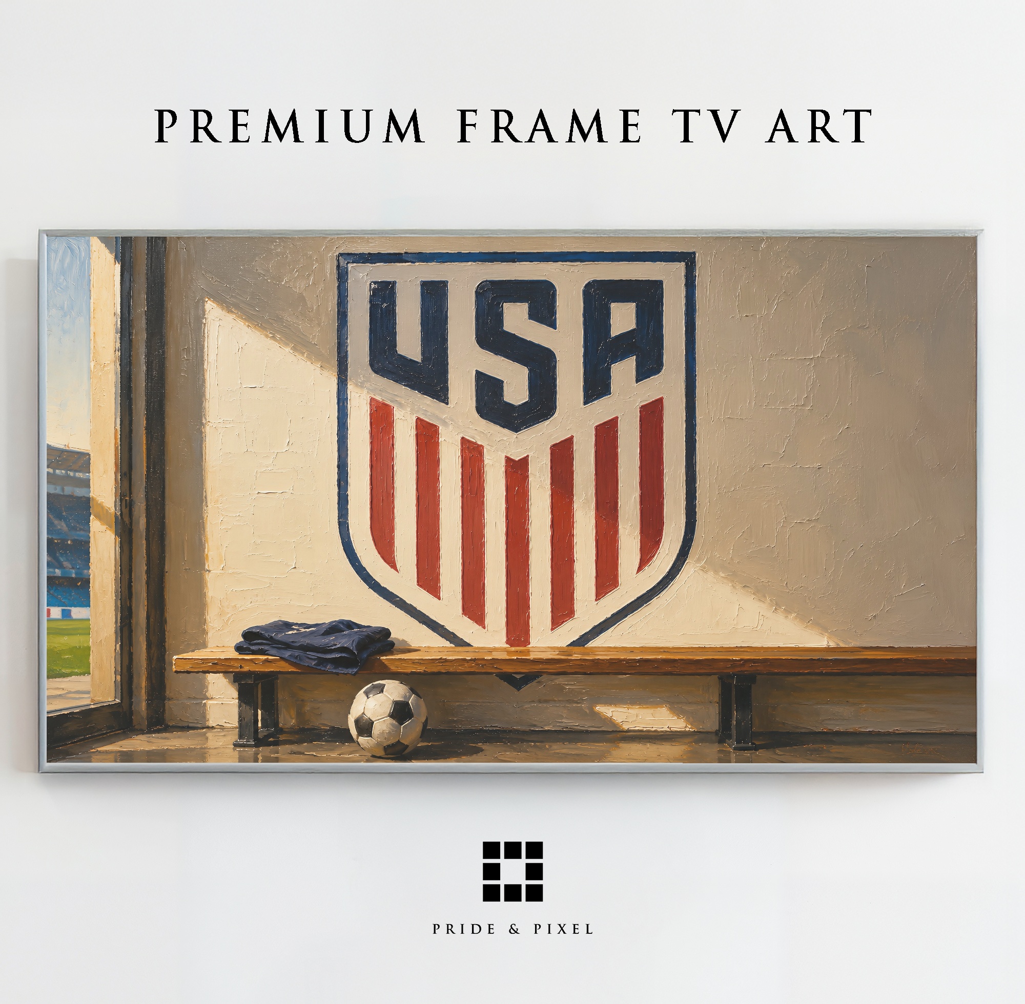 Football locker room with a bold USA shield displayed on a television in the Pride & Pixel hero room