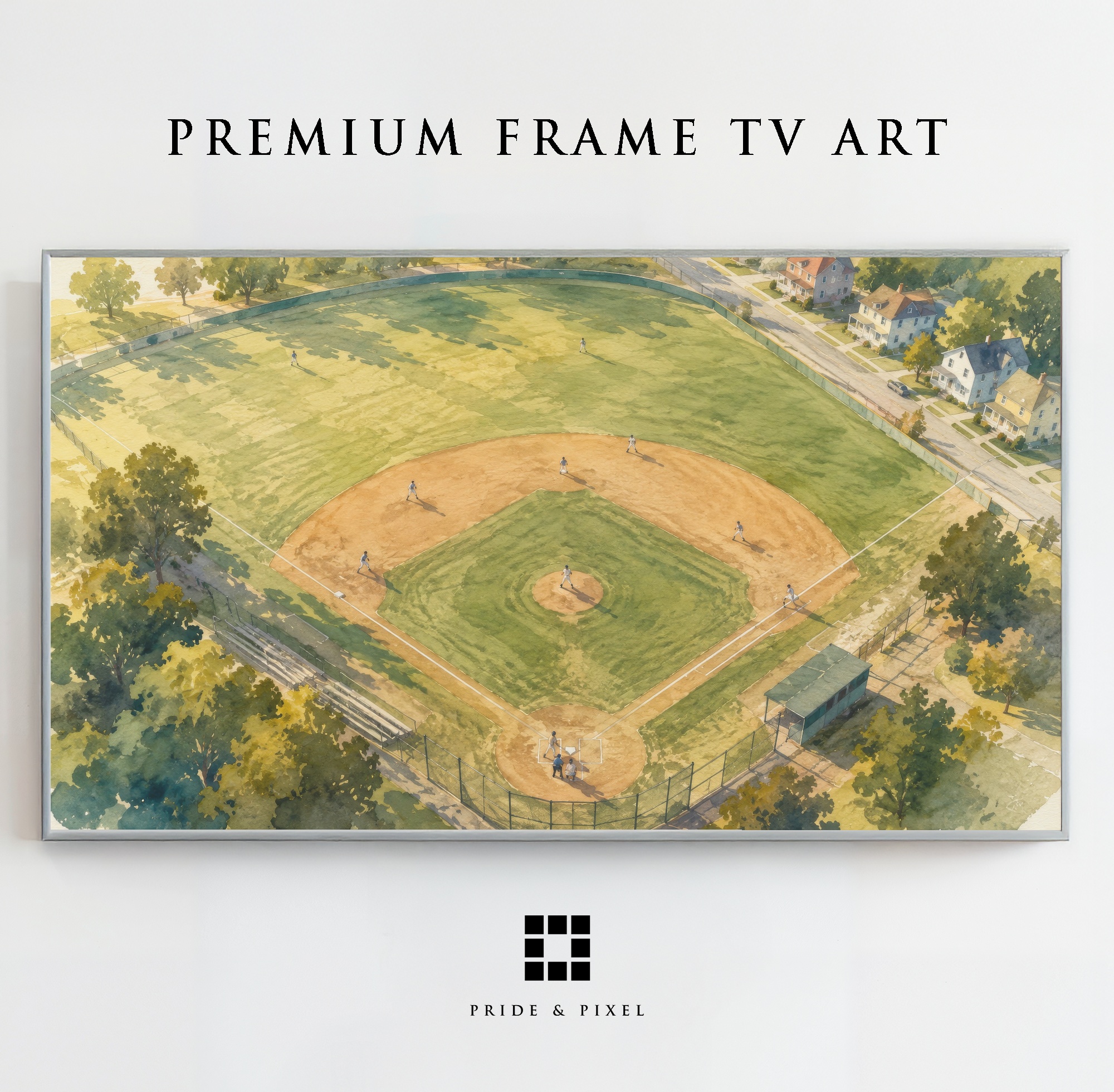 Vintage Baseball Field Sunset Watercolor Art