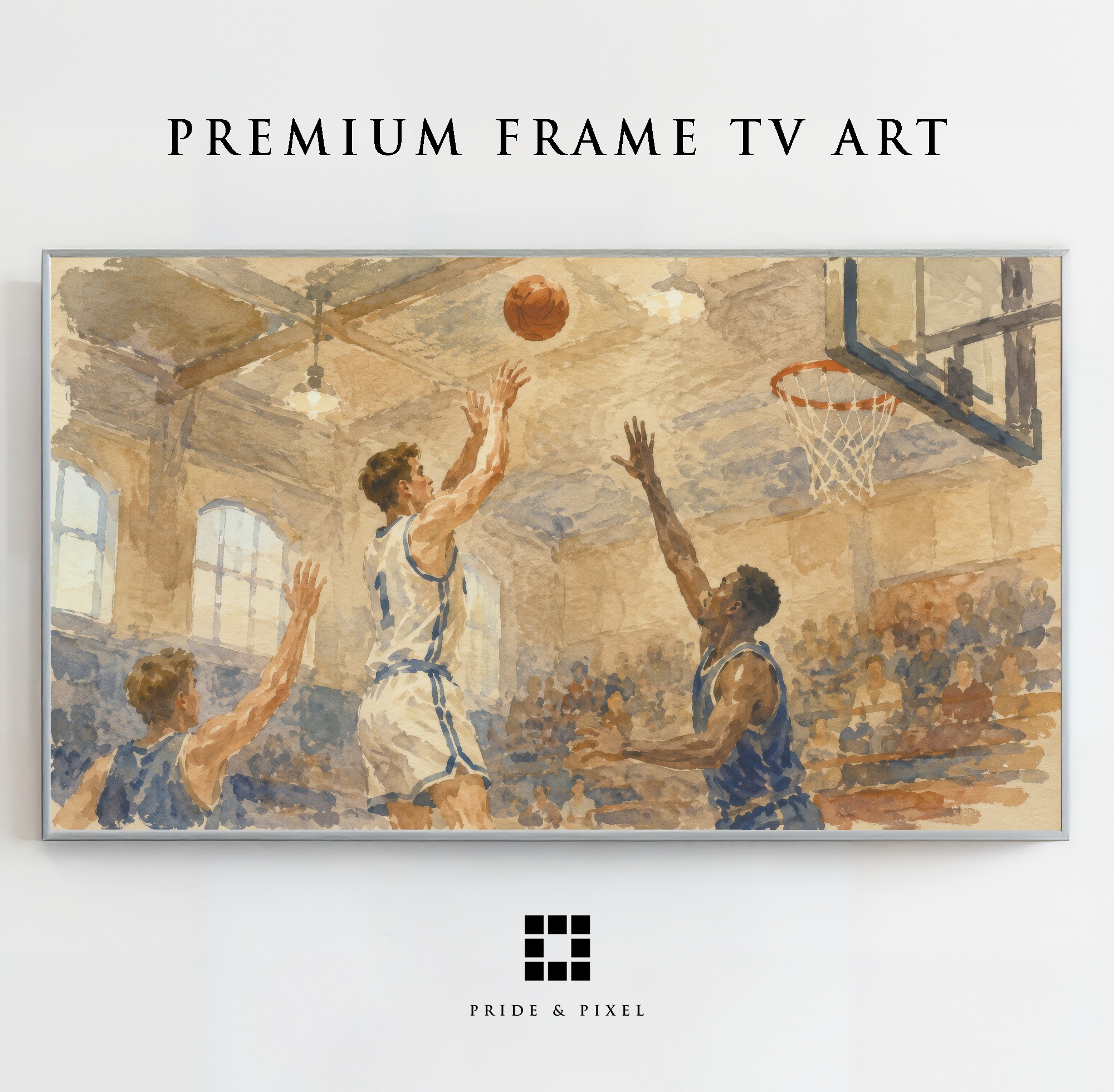 Vintage Basketball Court Watercolor Art