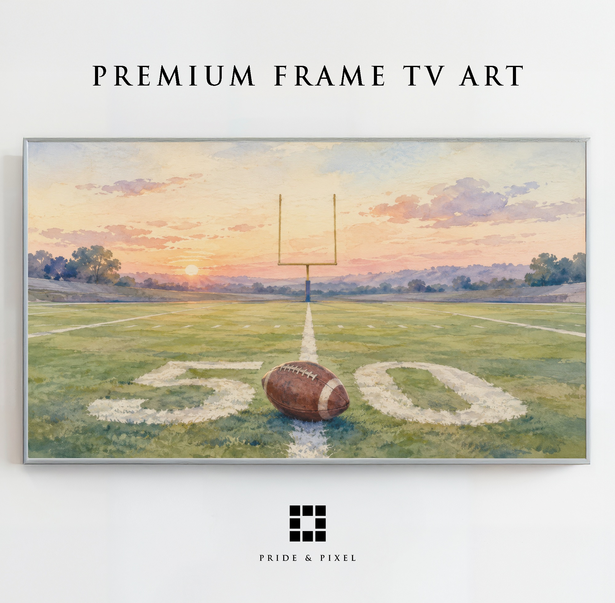 Vintage Football Field Sunset Watercolor Art