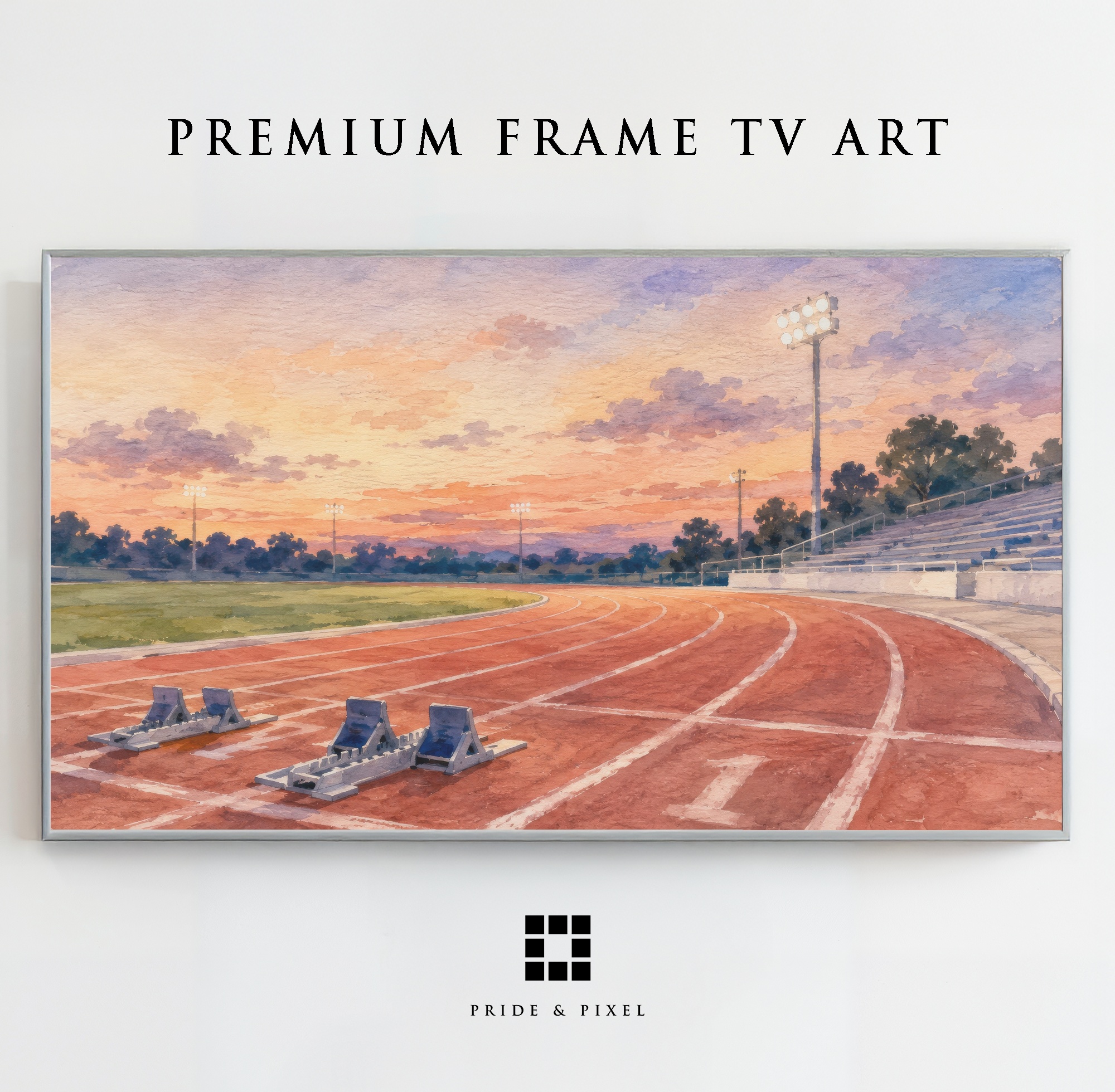 Track and Field Sunset Watercolor Art Print, Stadium Motivation