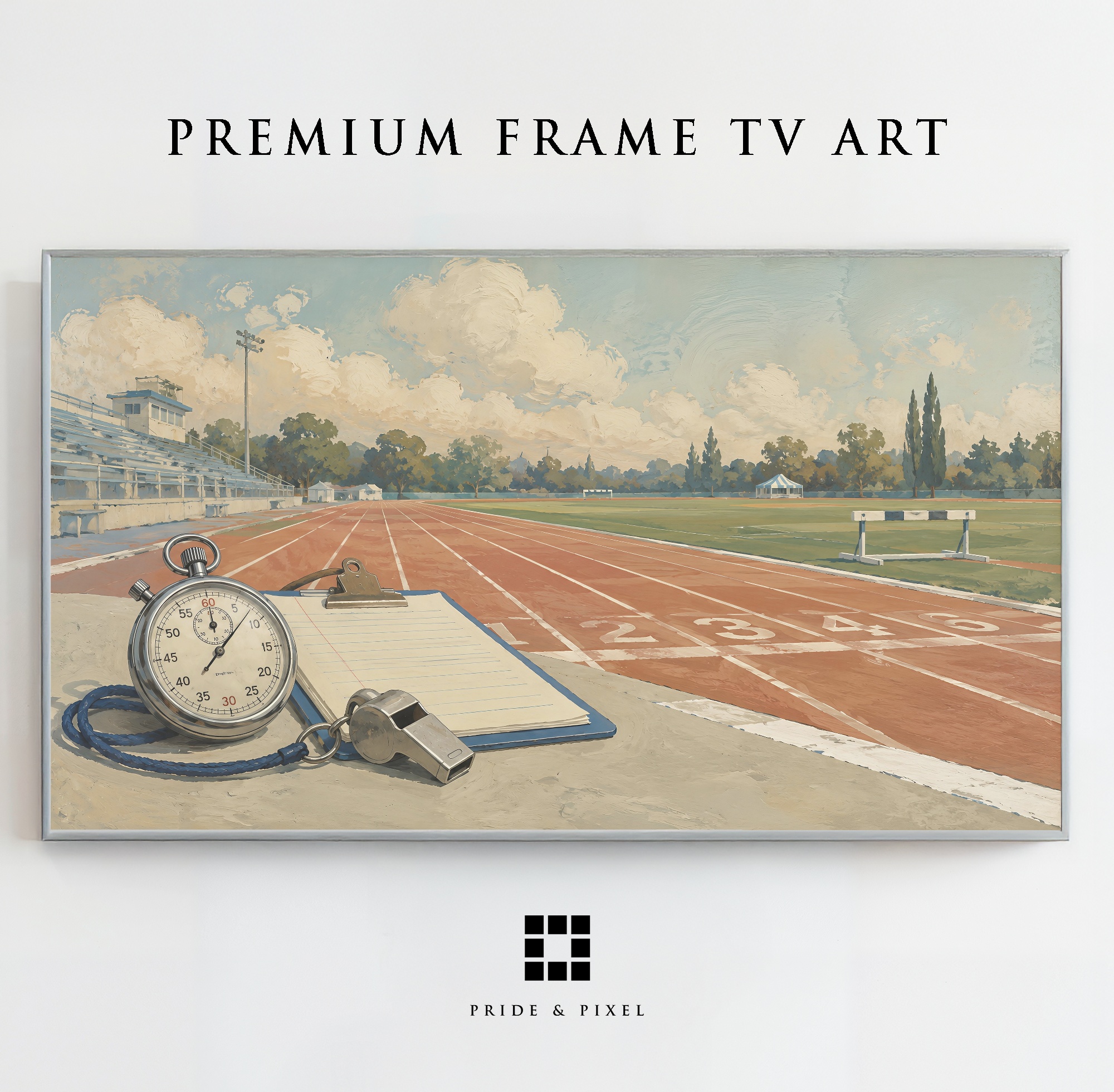 Vintage Track Meet Watercolor Art, Classic Athletics Scene