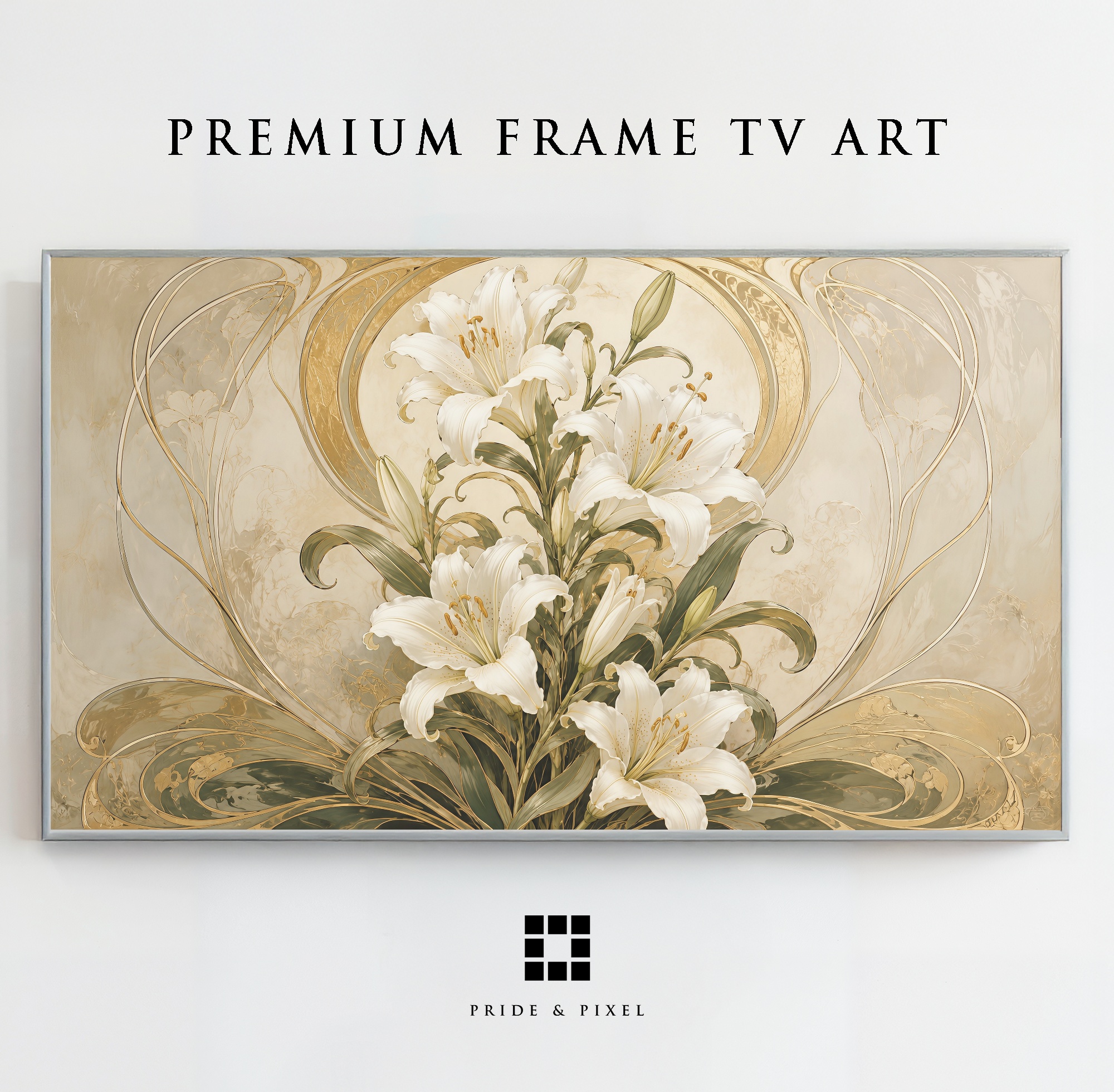 White lilies in a flowing gold and ivory Art Nouveau design