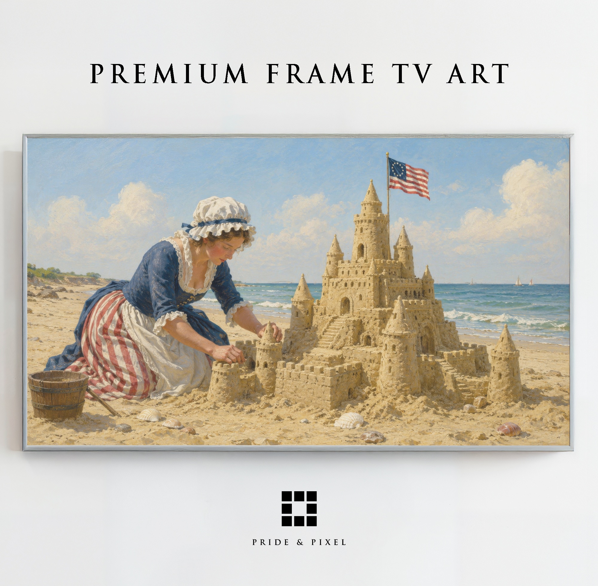 Betsy Ross Building Sandcastle Beach Art, Historical Summer Scene