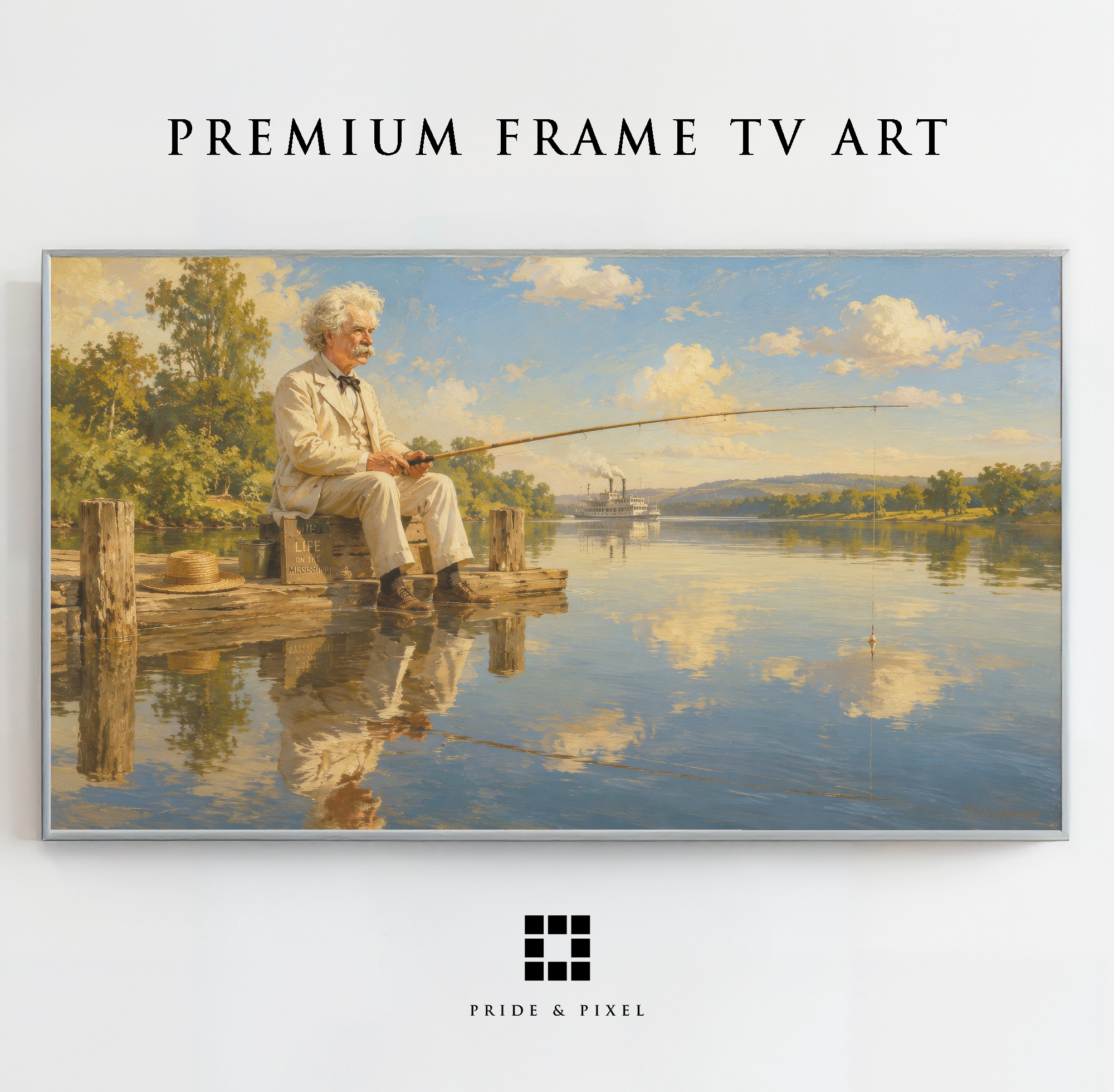 Mark Twain River Fishing Art, Vintage Americana Scene