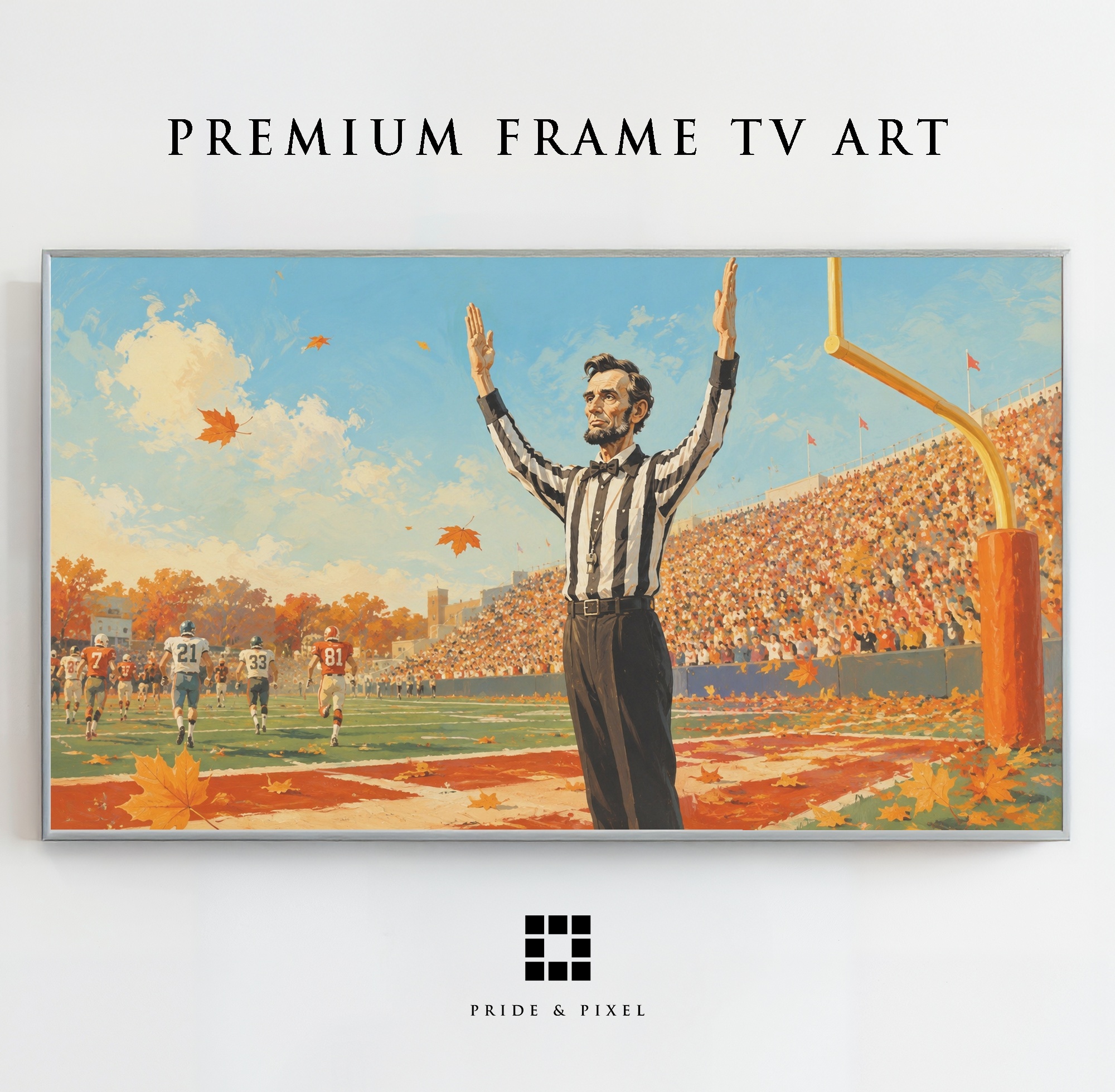 Abraham Lincoln dressed as a football referee in an autumn stadium