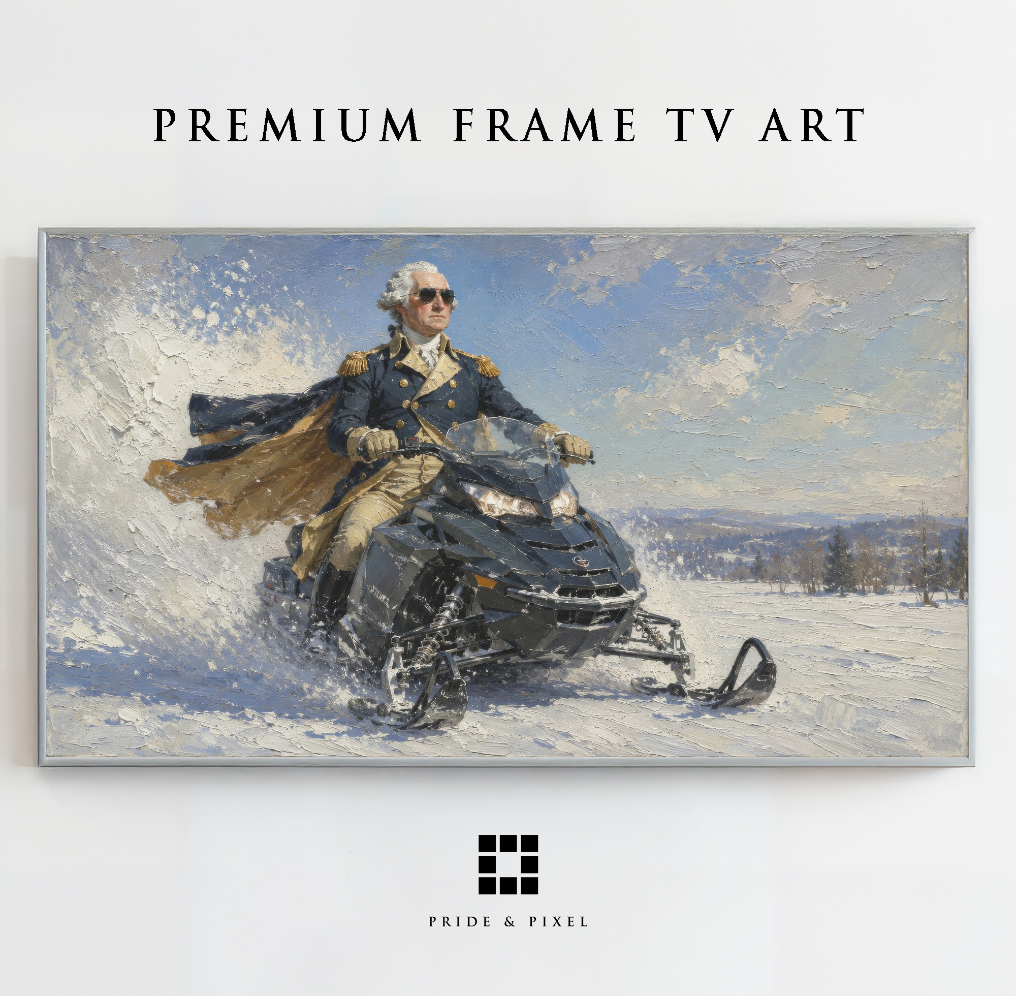 George Washington riding a snowmobile through a winter landscape